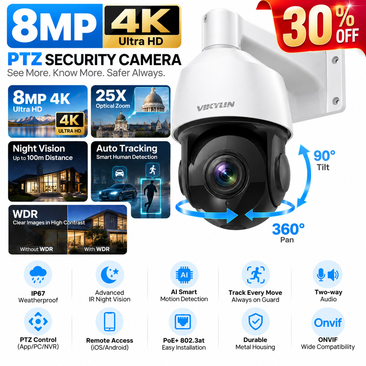 Vikylin 4K 8MP 25X PTZ Camera PoE Camera Auto Tracking Human Vehicle Detection