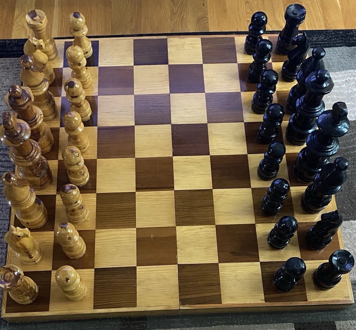 Jumbo wooden vintage chess set, hand carved,  30” x 30” folding board Pristine