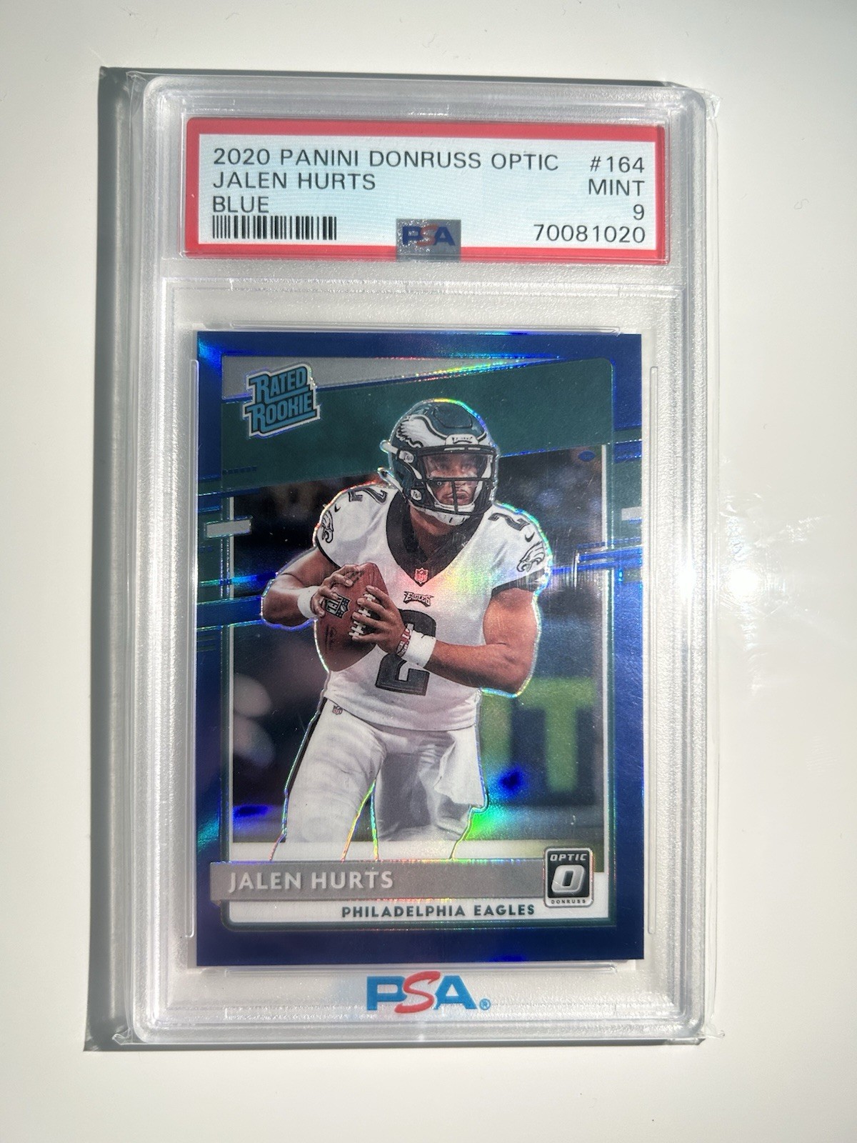 2020 Panini Donruss Optic Rated Rookie Jalen Hurts Blue Prizm #164 /179 PSA 9 2020 Panini Donruss Optic Rated Rookie Jalen Hurts Blue Prizm #164 /179 PSA 9