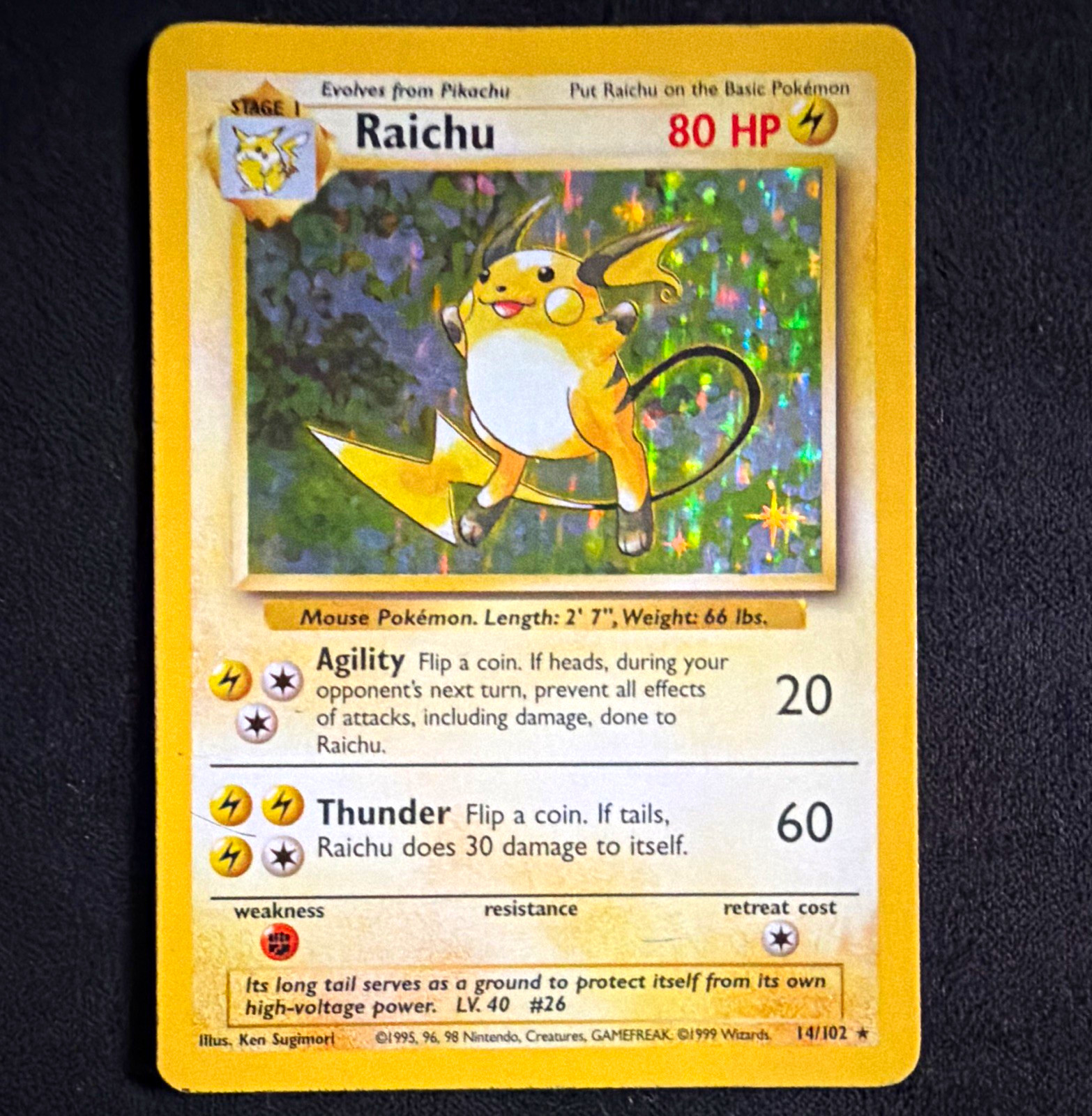 Pokémon TCG Raichu 14/102 Base Set Holo Rare Unlimited 1999 80 HP Stage 1