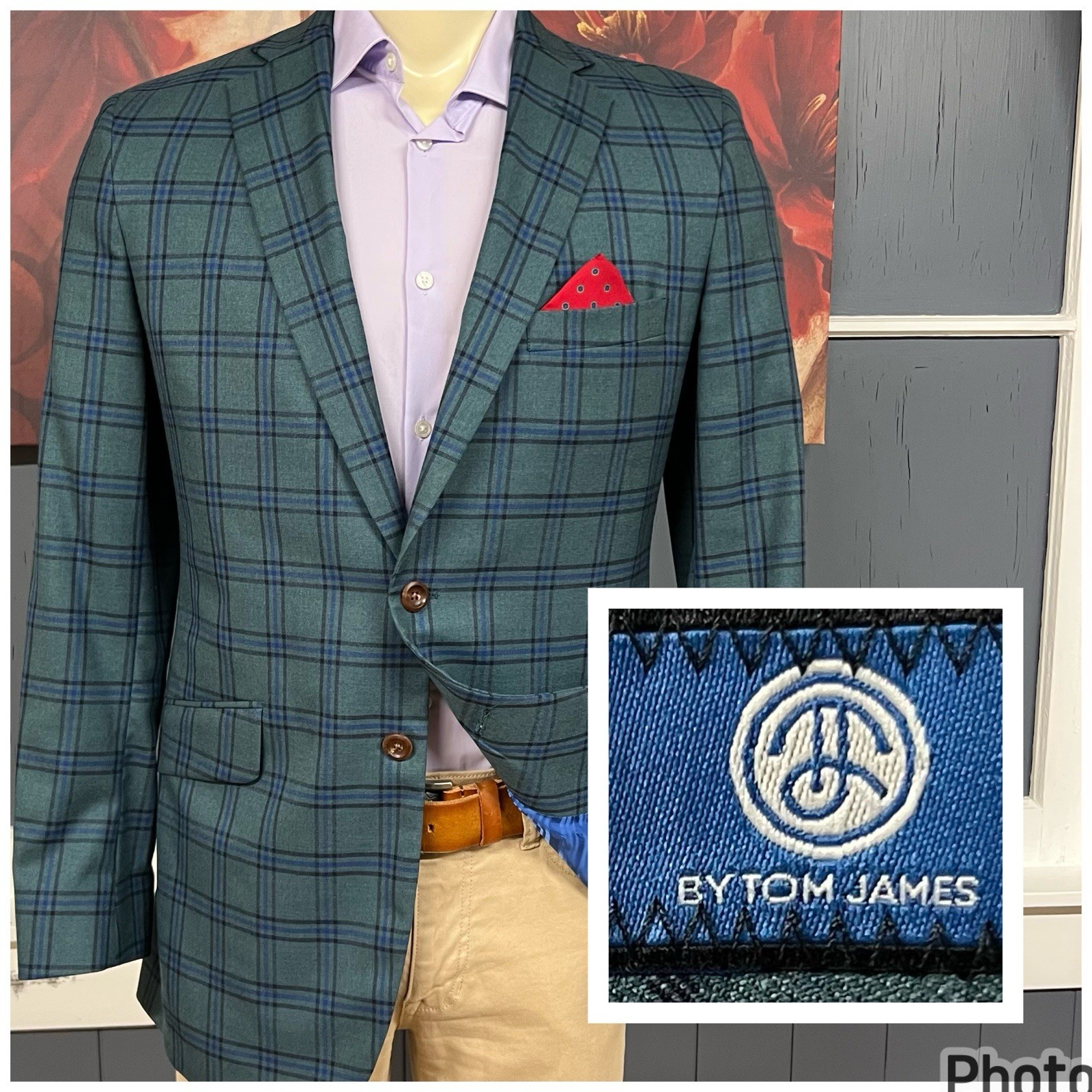 Tom James Custom Tailored Blazer Sport Coat Mens 40R Wool Green/Blue/Black