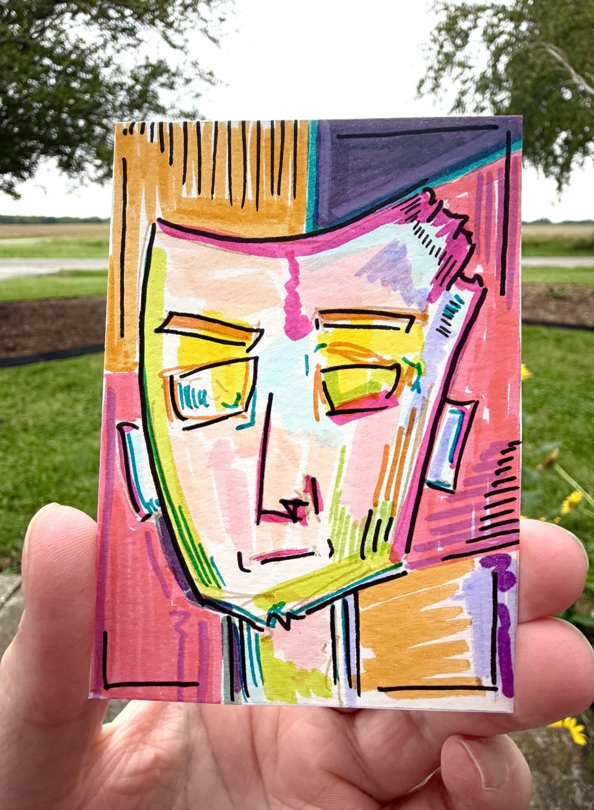 aceo original art colorful abstract face drawing