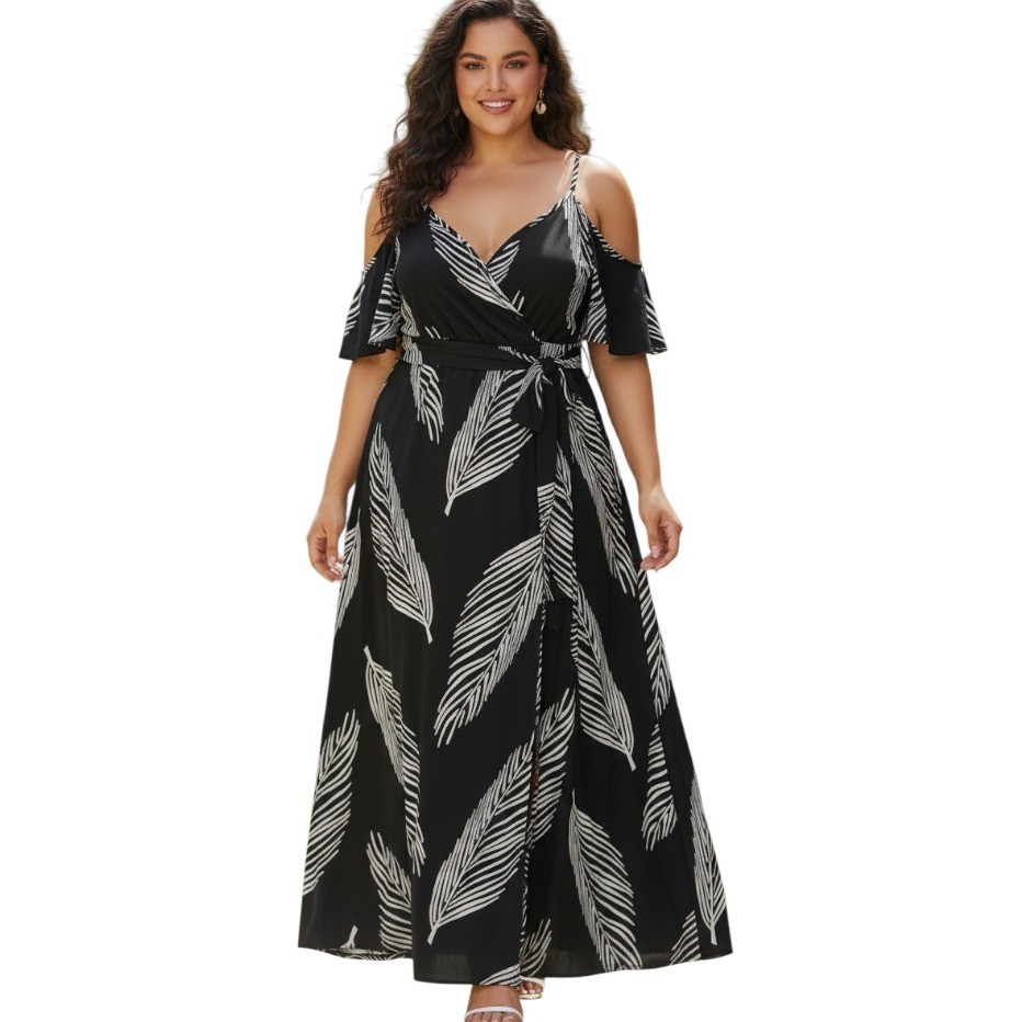 SHEIN CURVE Black TROPICAL LEAF Vacation COLD-SHOULDER Tie Belt MAXI DRESS 3XL