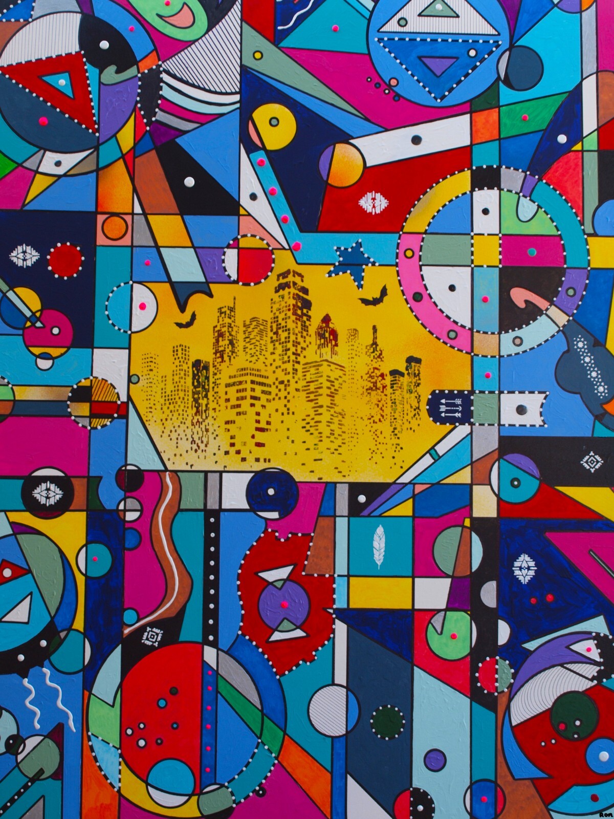 abstract pop art acrylic painting of Austin, Texas. Bats at night.