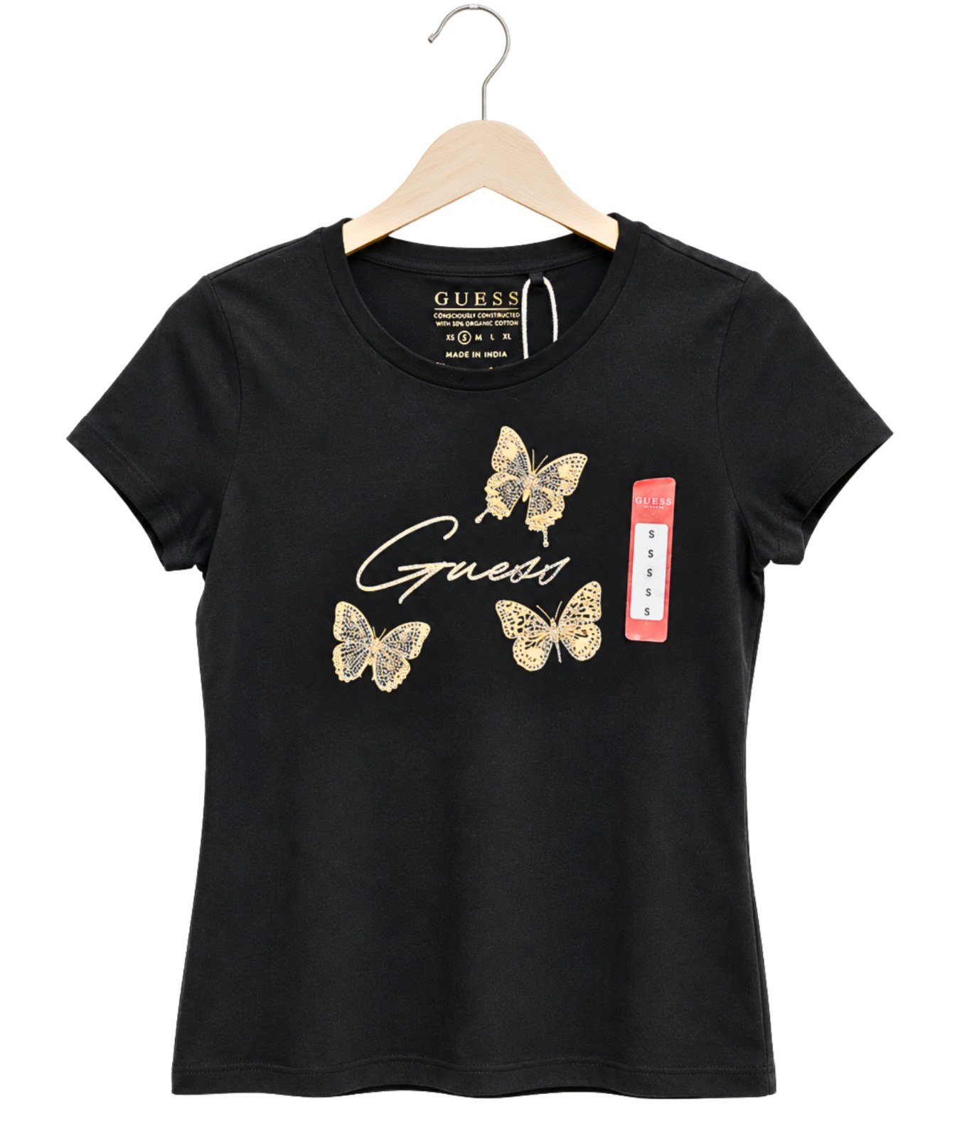 GUESS Women’s Black Butterfly Rhinestone Graphic Tee Shirt Size S NWT GUESS Women’s Black Butterfly Rhinestone Graphic Tee Shirt Size S NWT