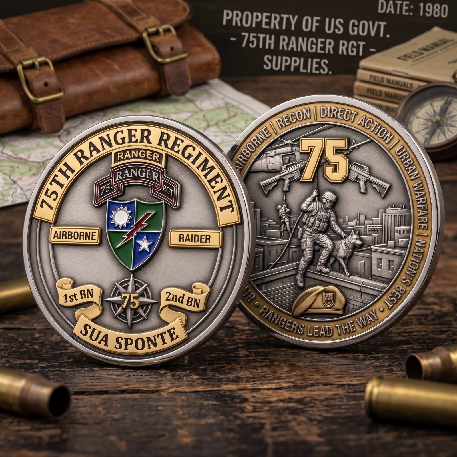 75th Ranger Regiment Sua Sponte Challenge Coin, Airborne Recon Direct Action Urb