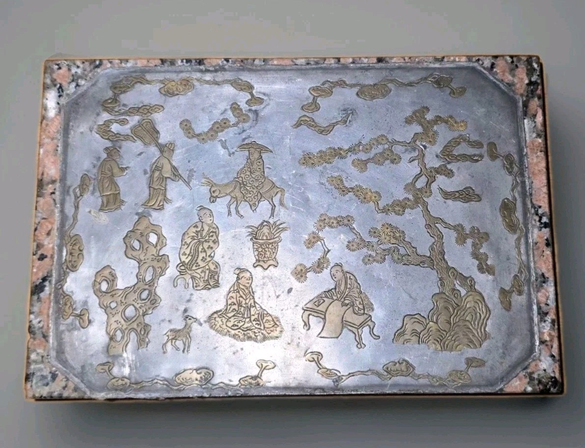 RARE MEIJI PERIOD JAPANESE MIXED-METAL BRONZE PLAQUE — SCHOLAR’S GARDEN SCENE