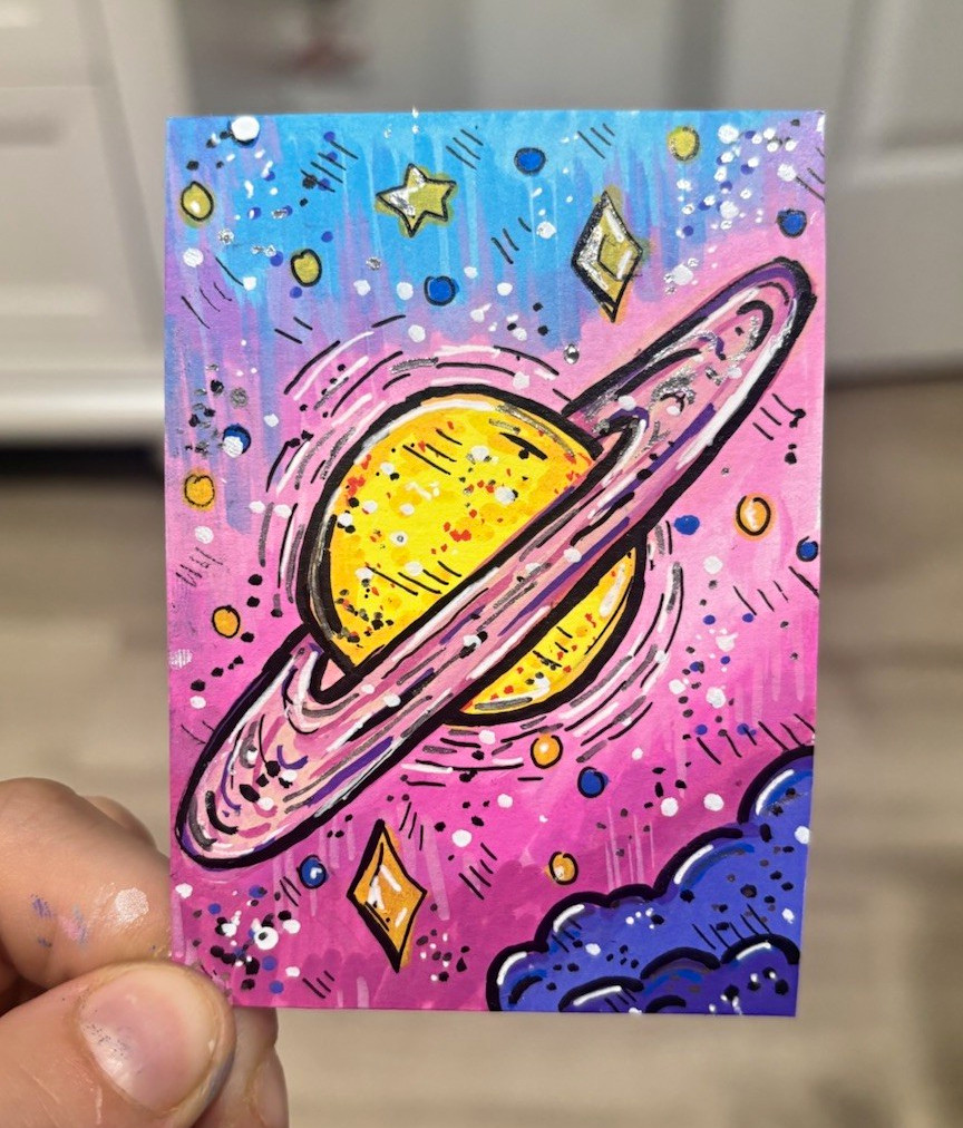 ACEO Original PRINT “Saturn” Space & Planets Stars made by KaterinaVanArt Clouds