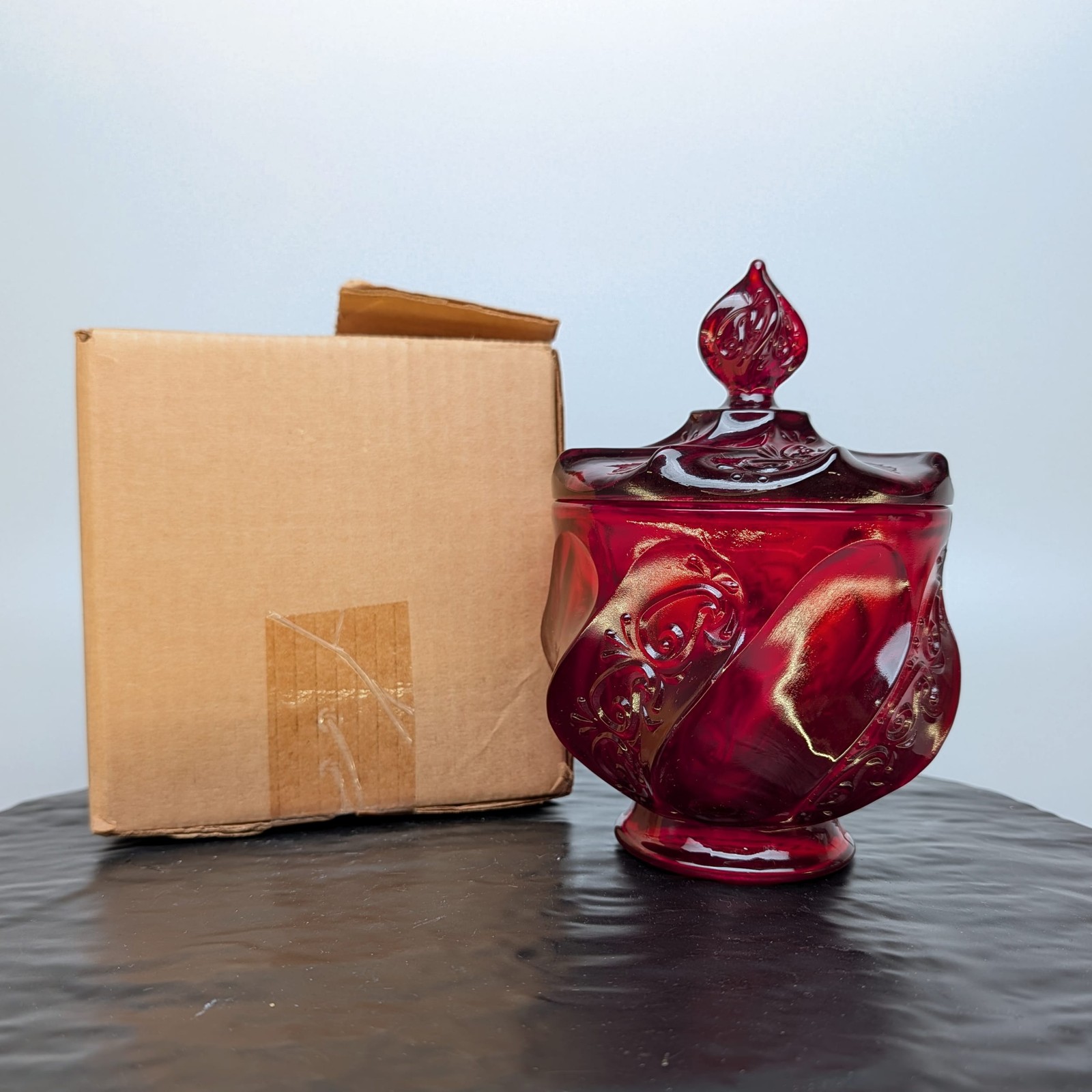 Fenton Paisley Swirl Lidded Candy Dish Ruby Red Amberina Art Glass NOS NIB