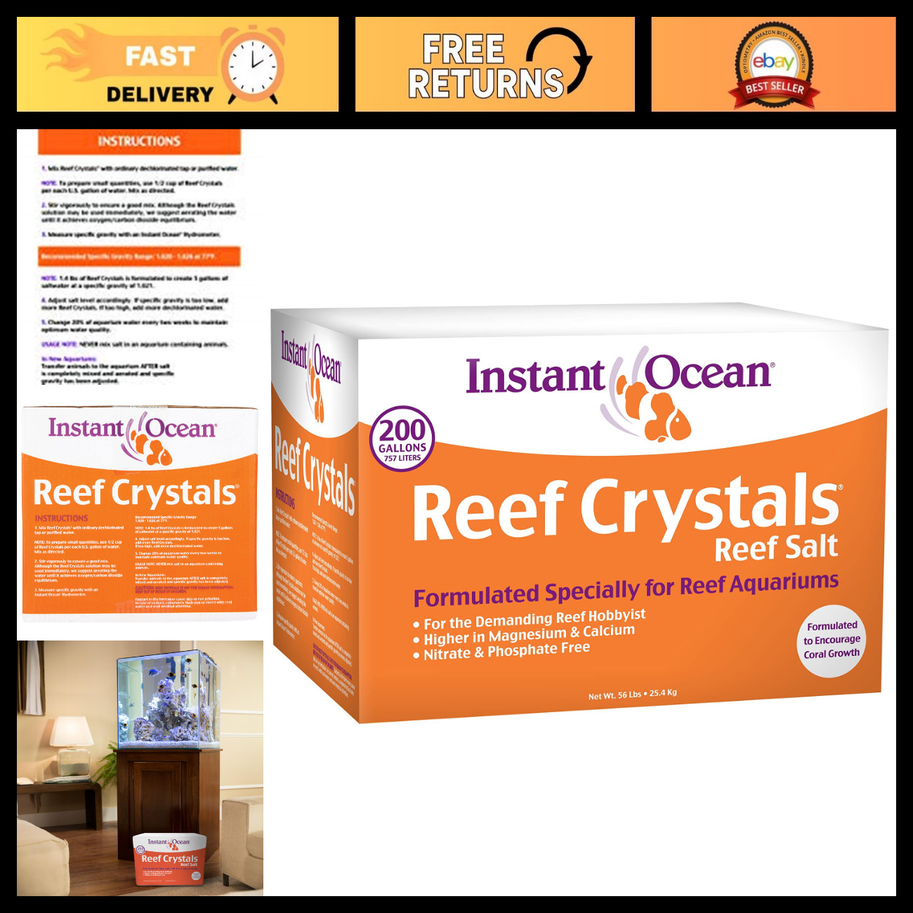 Reef Aquarium Salt Mix for 200 Gallons - Instant Ocean Reef Crystals, Premium Qu