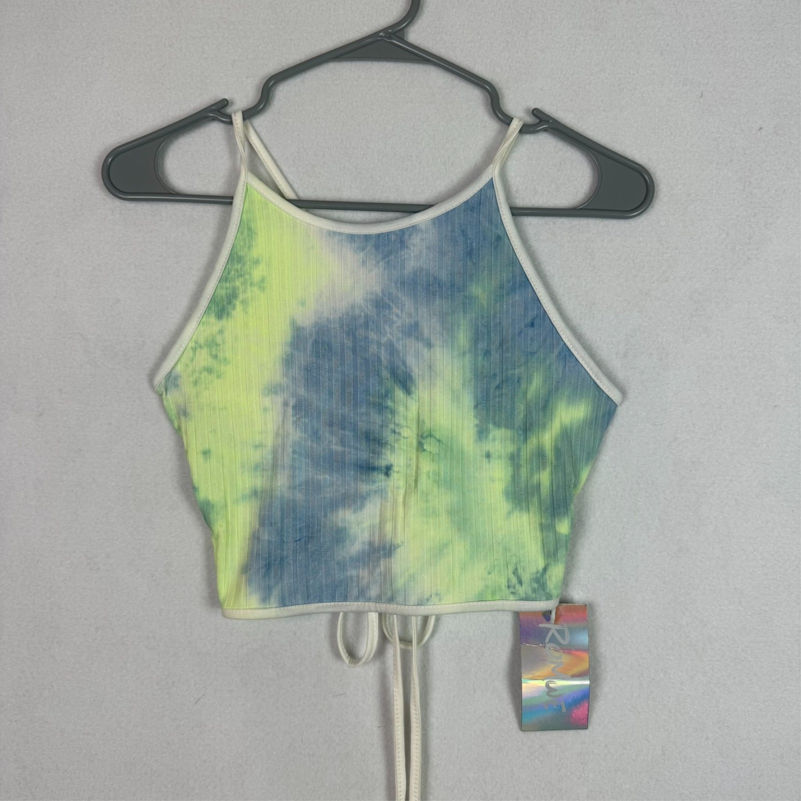 Romwe Crop Top Women Size S Lime Green Blue Tie Dye Ribbed Halter Cami NWT