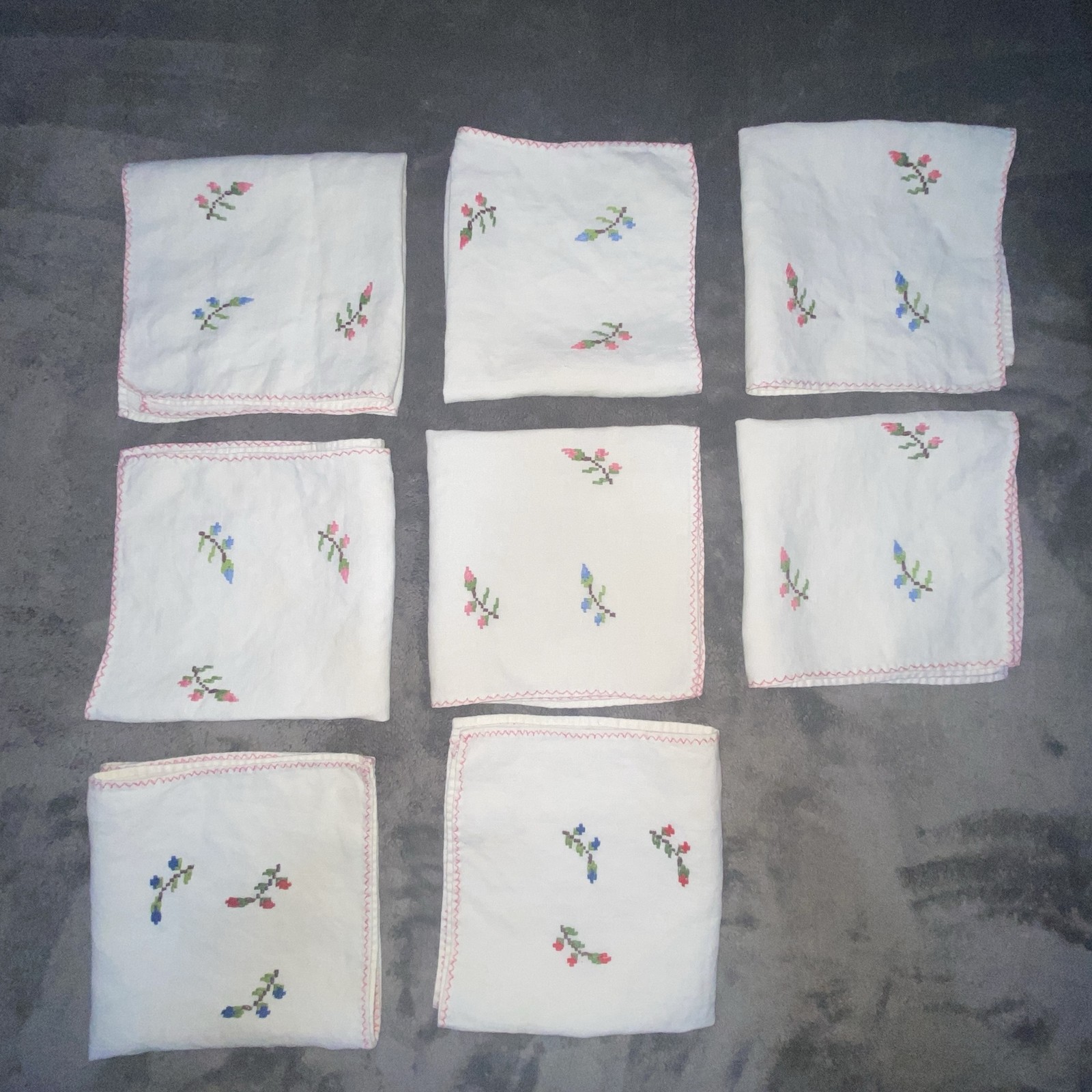 Vintage White Linen Floral Embroidered Napkins Set Of 8 Pink Trim Square Dinner