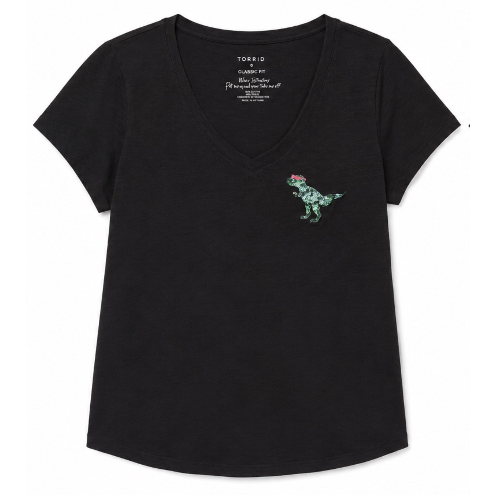 Torrid Black V-Neck T-Shirt Sequin Dinosaur T-Rex Size 0X Classic Fit Geek Chic Torrid Black V-Neck T-Shirt Sequin Dinosaur T-Rex Size 0X Classic Fit Geek Chic