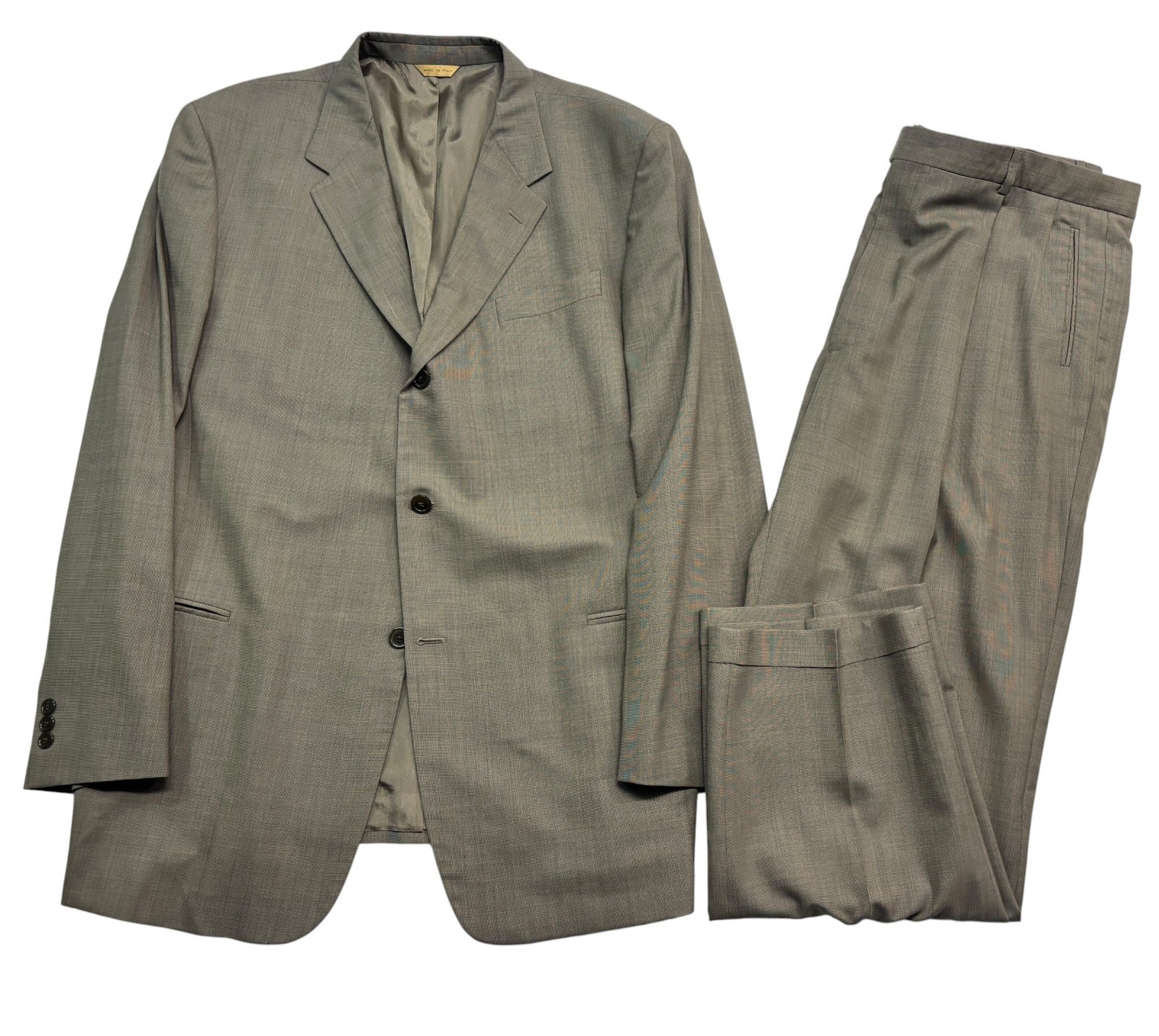 vtg 90s Donna Karan 48L 42x32 Taupe 2pc Pant Suit Italy Made Wool Pleated Cuff