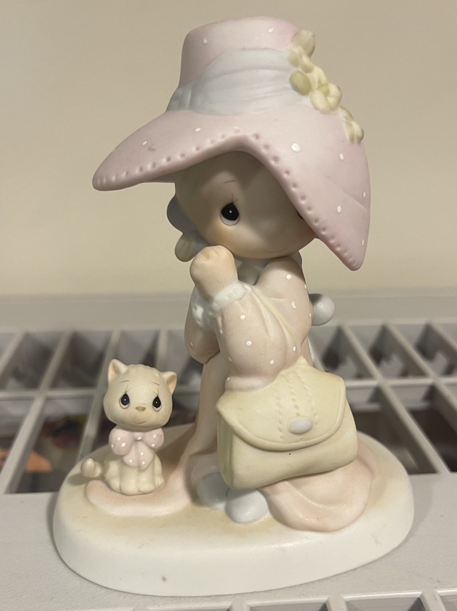 Precious Moments Girl in Pink Hat with Handbag & Kitten Porcelain Figurine.