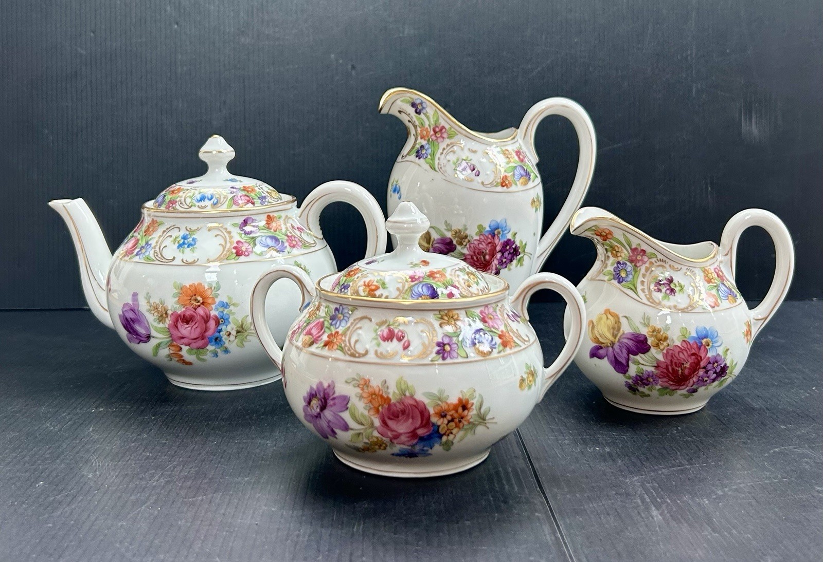 Vintage Schumann Bavaria Empress Dresden Flowers Teapot, Cream, Sugar & Jar