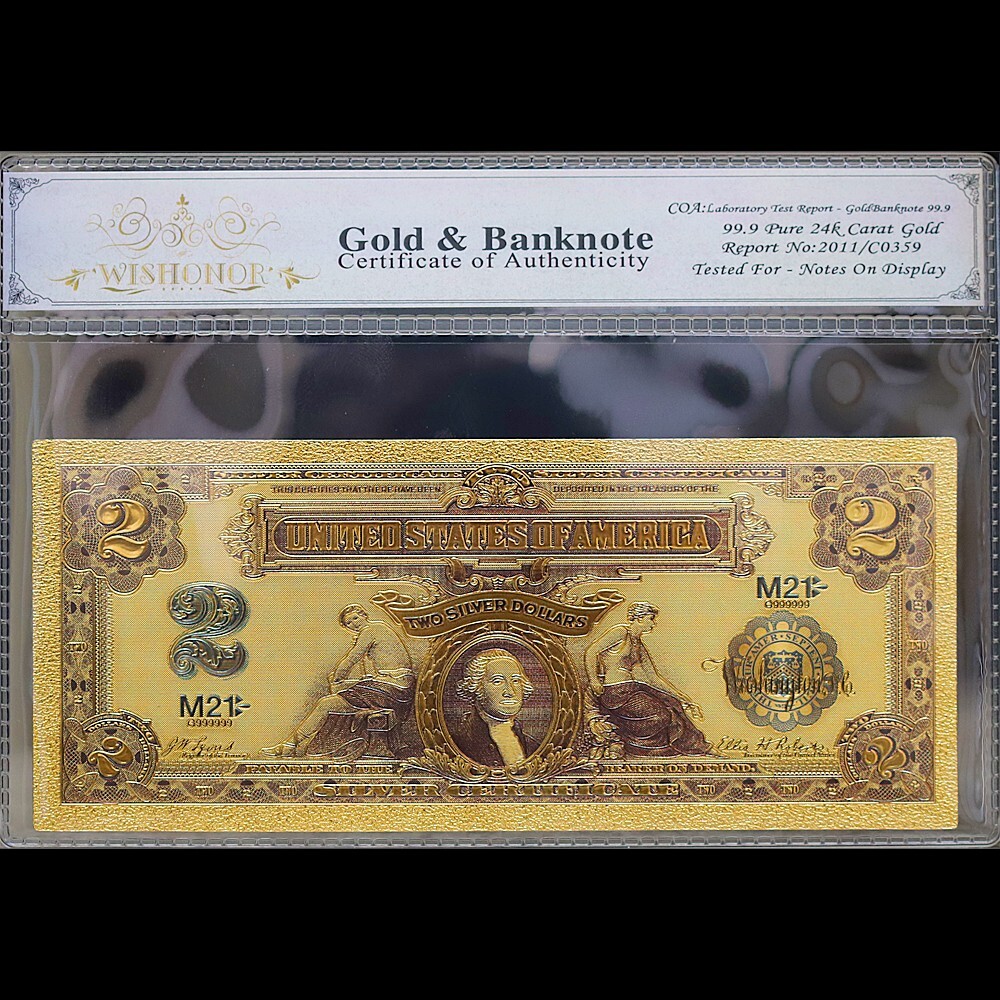 Gold 1899 $2 Two Dollars Banknote Collectible with Bag & Certificate Gold 1899 $2 Two Dollars Banknote Collectible with Bag & Certificate