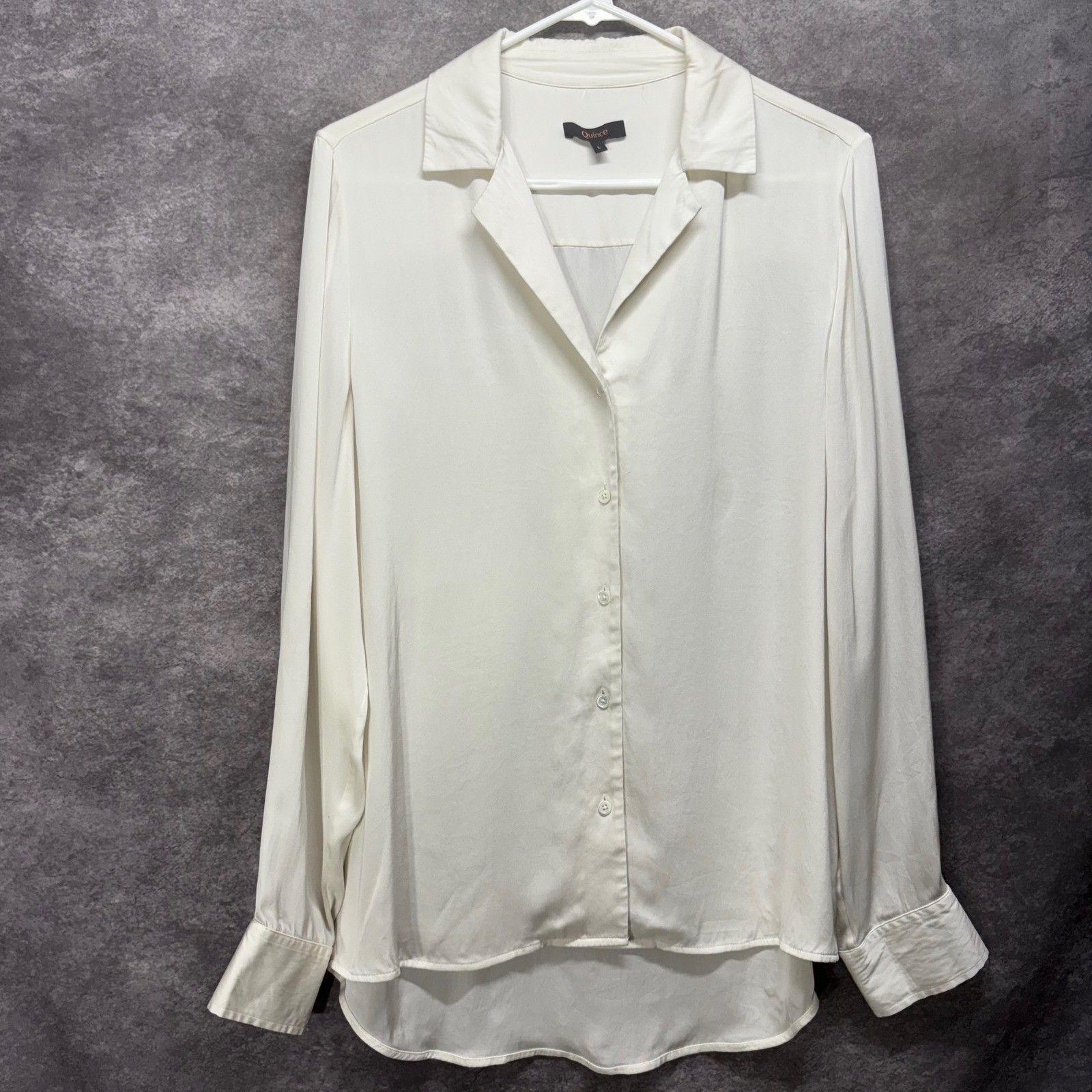 Quince Stretch Silk Button Down Shirt Blouse Size L Cream Off-White Satin