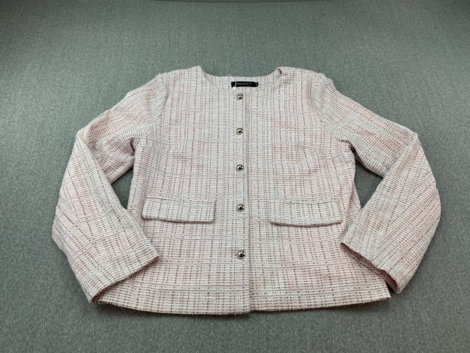Merokeety Textured Knobby Knit Blazer Jacket Womens sz M Pink Brown Career