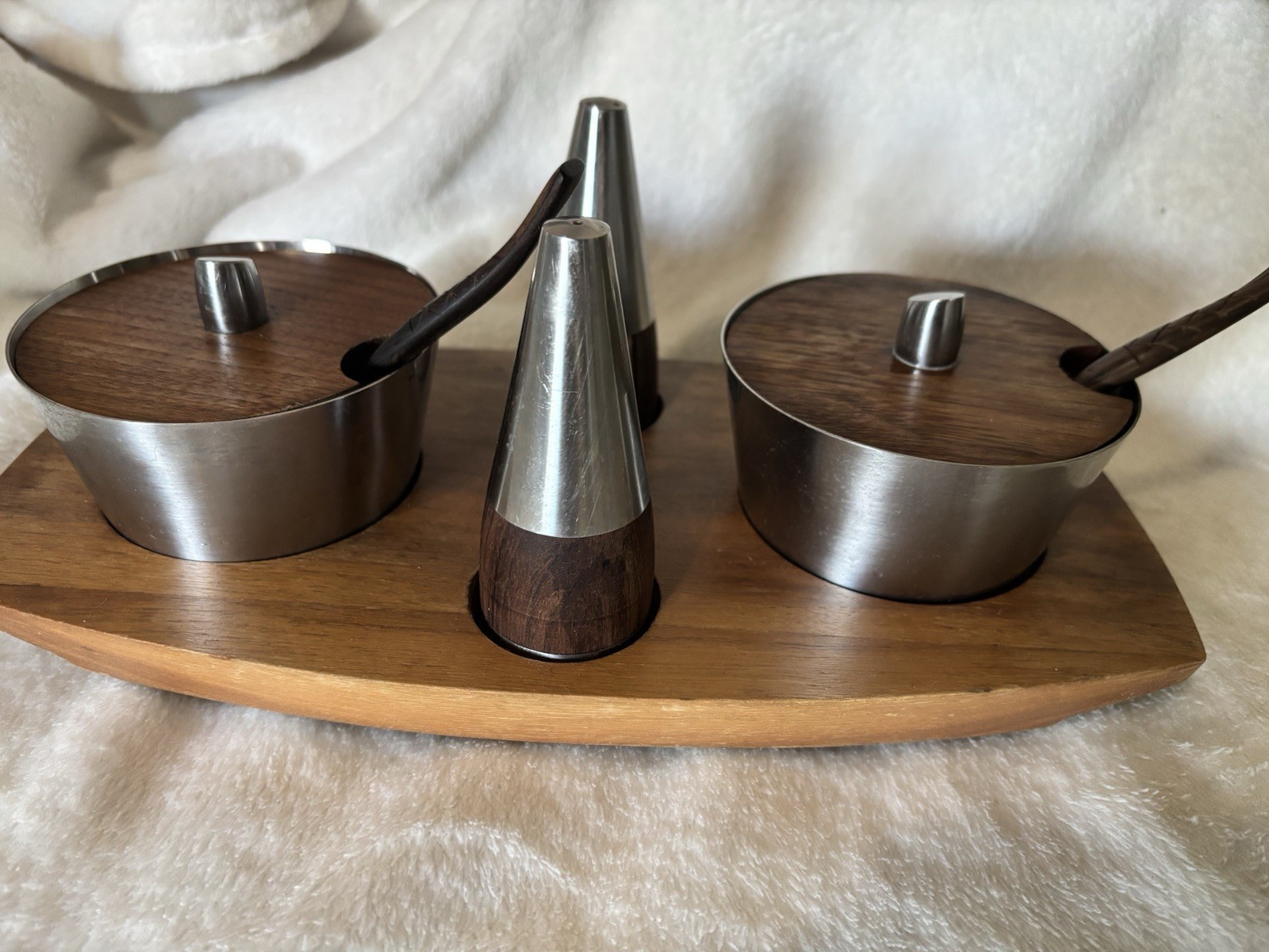 Beautiful vintage Mid-Century Modern condiment serving set, made in Denmark.