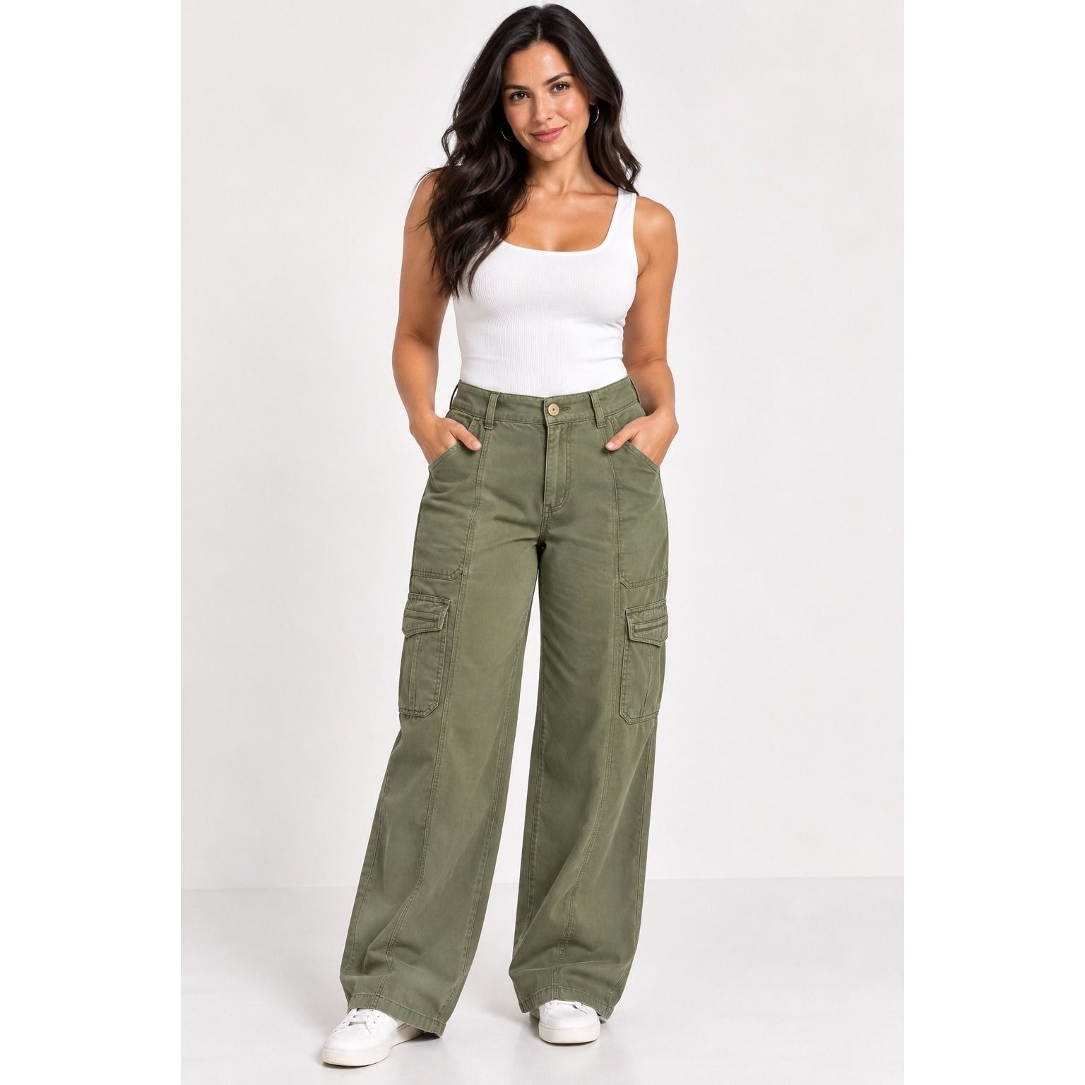Maurices Olive Green Wide Leg Cargo Pants High Rise Utility Trousers 12 Reg