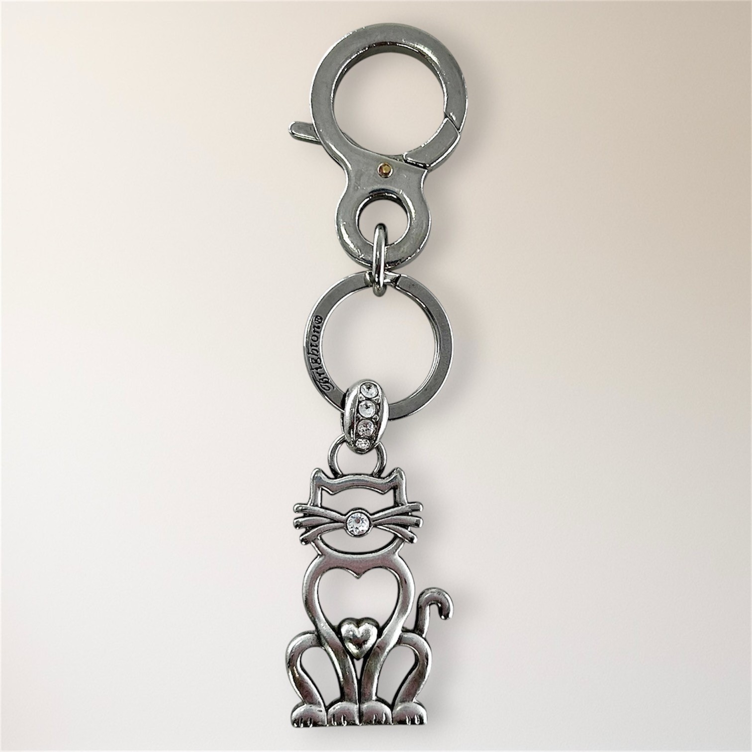 Brighton Cleo Cat Crystal Key Fob Silver Tone Handbag Purse Charm Keychain