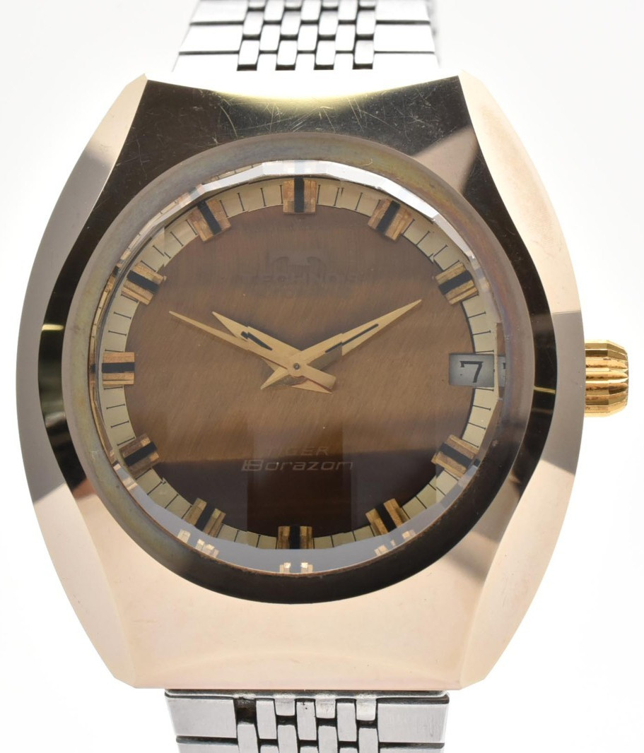 Vintage TECHNOS TIGER BORAZON Automatic Men\'s Watch Brown Dial Retro Gold Japan