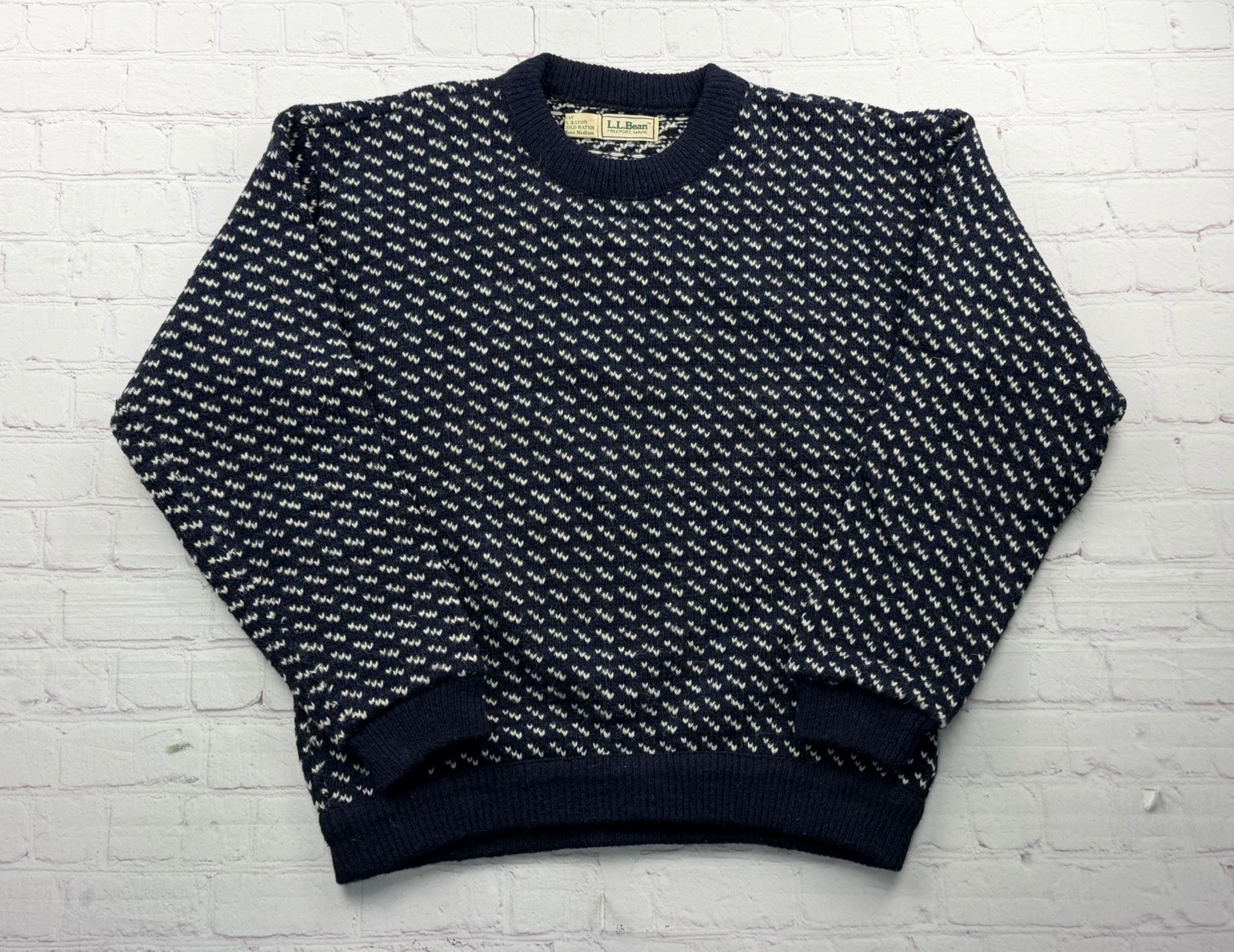 VTG LL Bean Sweater Mens Medium Blue Birdseye Wool Rayon Norway Pullover Knit