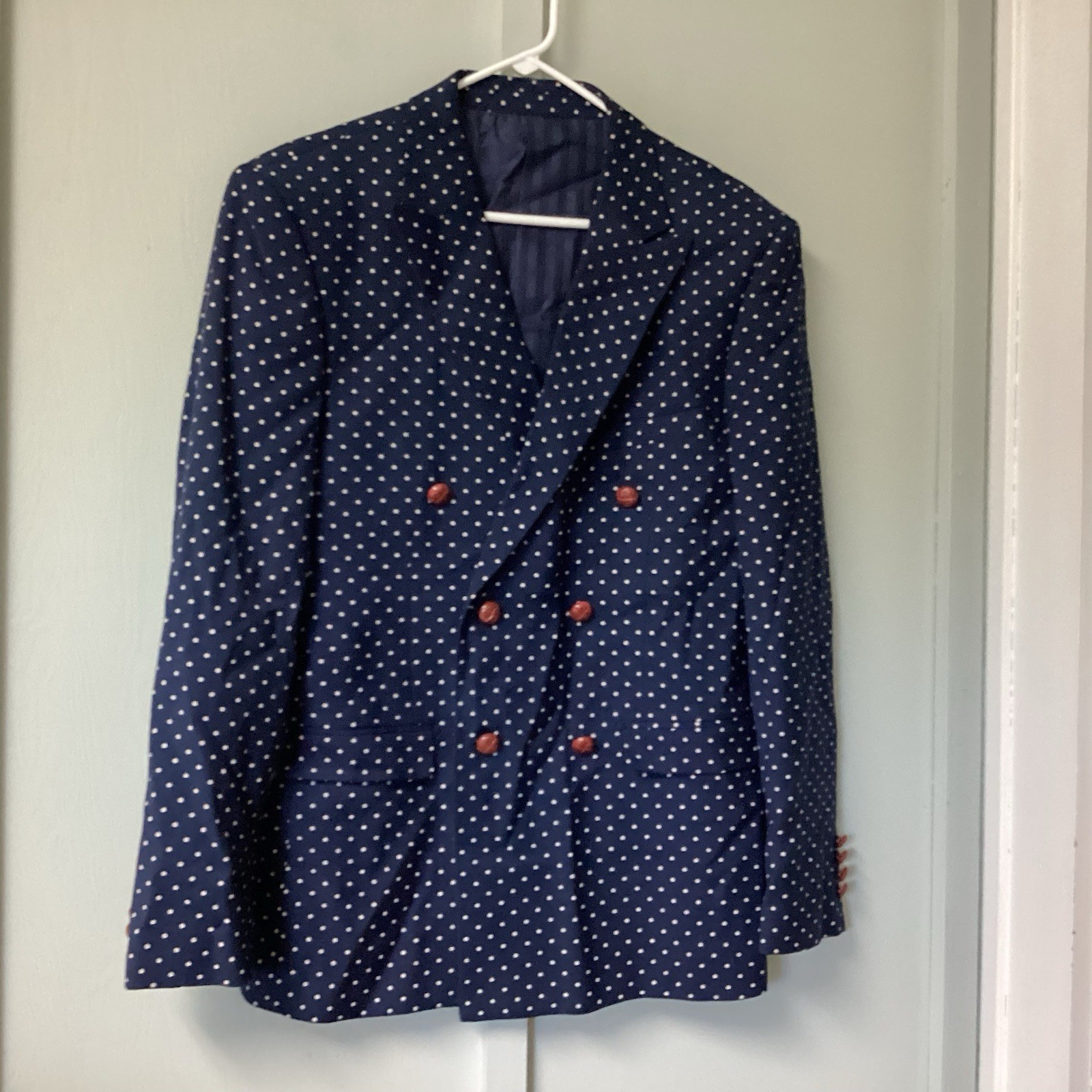 Lorenzo Bruno Italian men size 40 R navy blue poka dot blazer Super 150