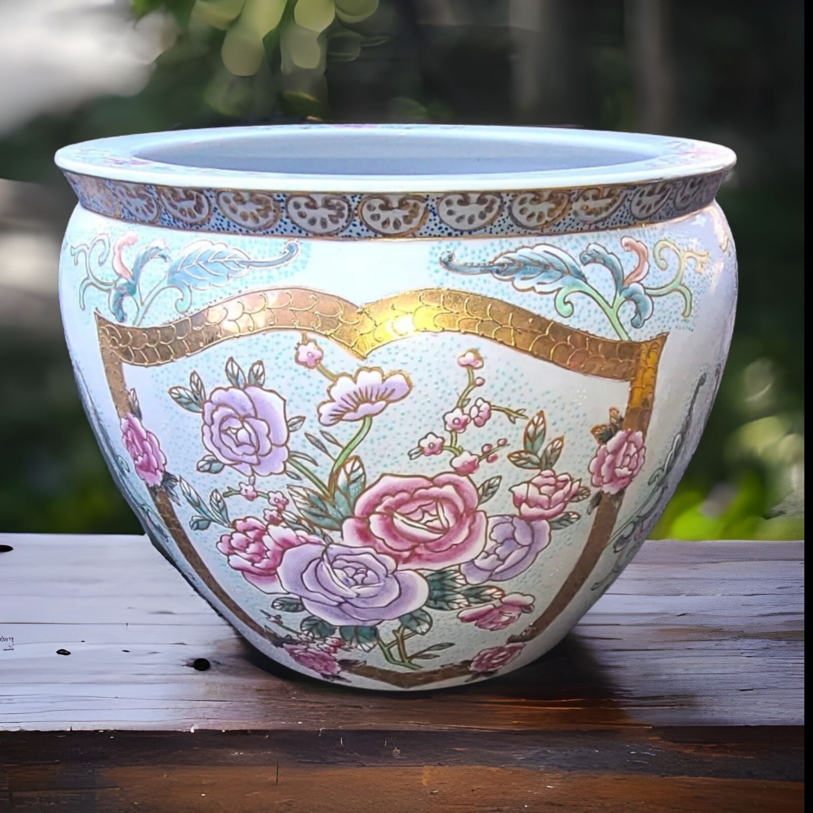 VTG Chinese Asian Porcelain Bowl Pot Floral Koi Pond Interior Designed