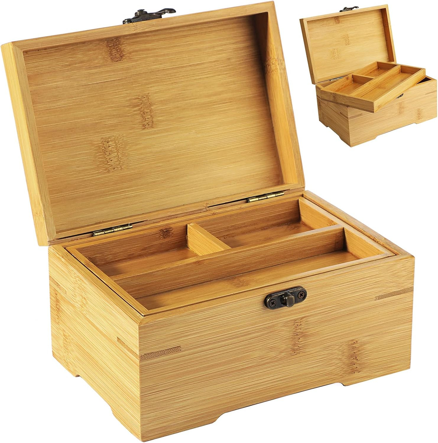 Large Wooden Box with Hinged Lid, Bamboo Wood Multi-Purpose Storage Box Large Wooden Box with Hinged Lid, Bamboo Wood Multi-Purpose Storage Box