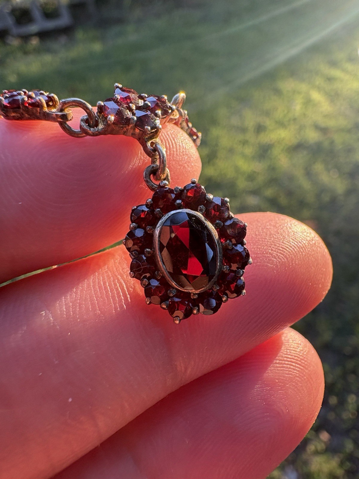 Beautiful Antique Victorian Oval Rosette Garnet Gold Filled Pendant Necklace