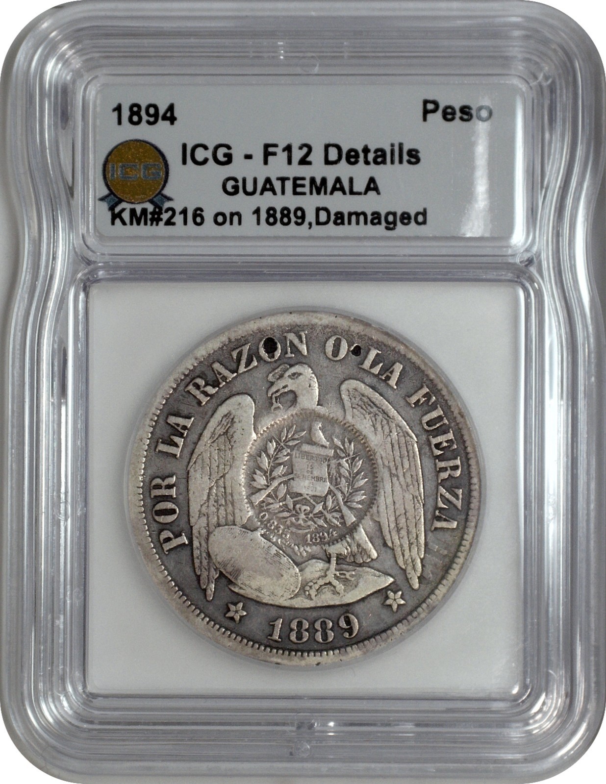 1894 Guatemala 1/2 Real Counterstamp on 1889 Chile Peso ICG F12 Details Damaged