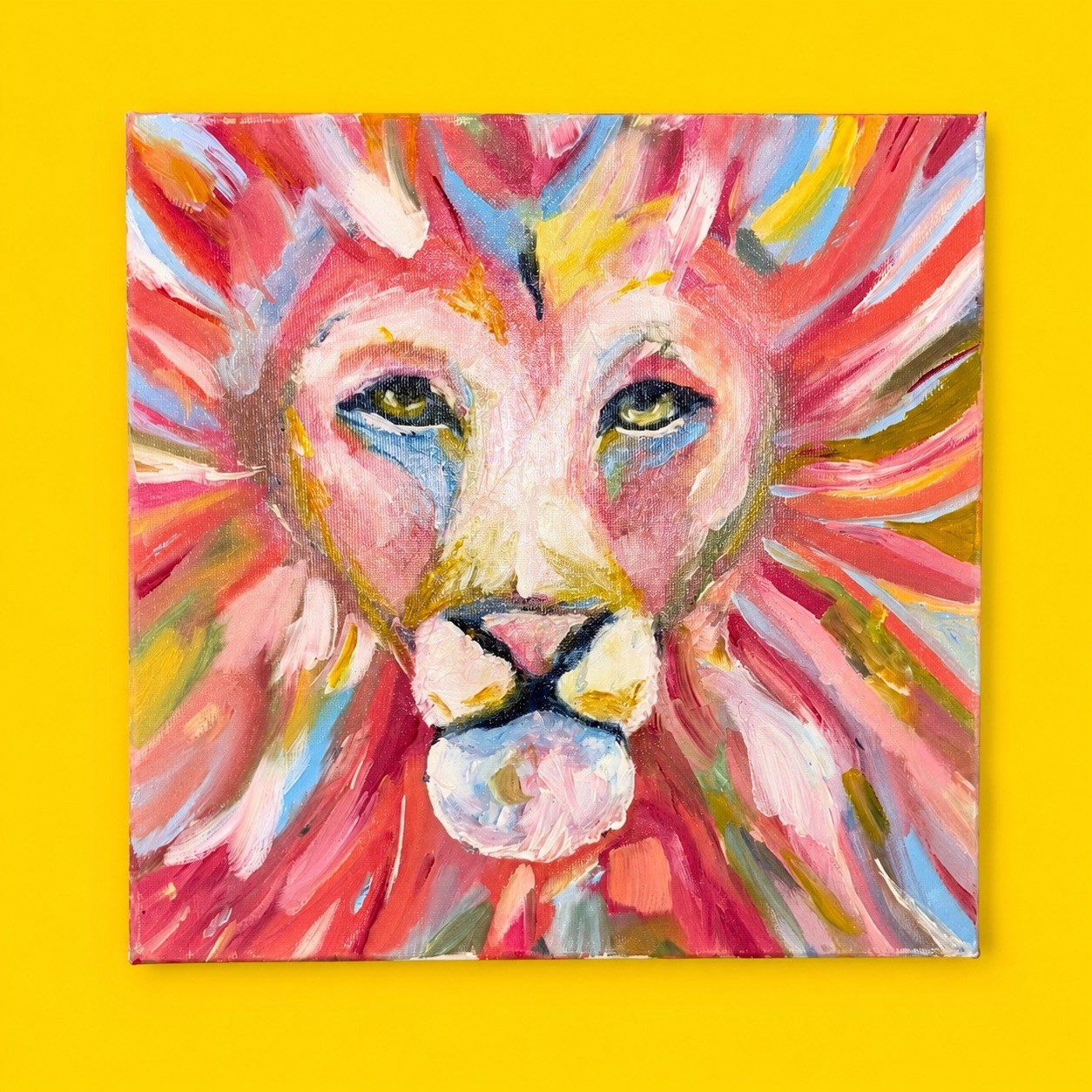 🦁 WOW Vintage Original Lion Oil Painting Pink Pastel Majestic Leo ♌️