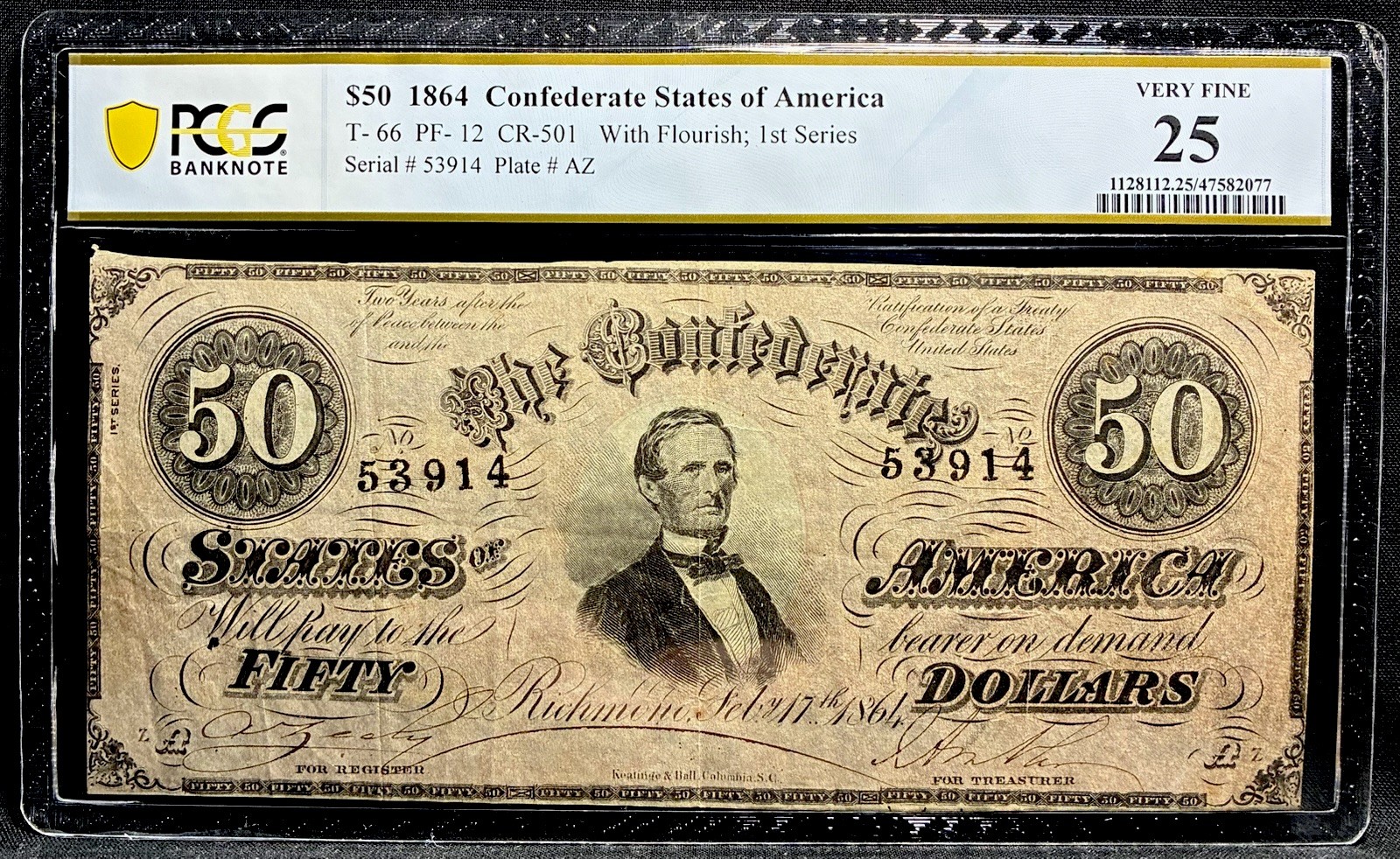 T-66 1864 Confederate States $50 Civil War CSA Obsolete Banknote Currency, PCGS T-66 1864 Confederate States $50 Civil War CSA Obsolete Banknote Currency, PCGS