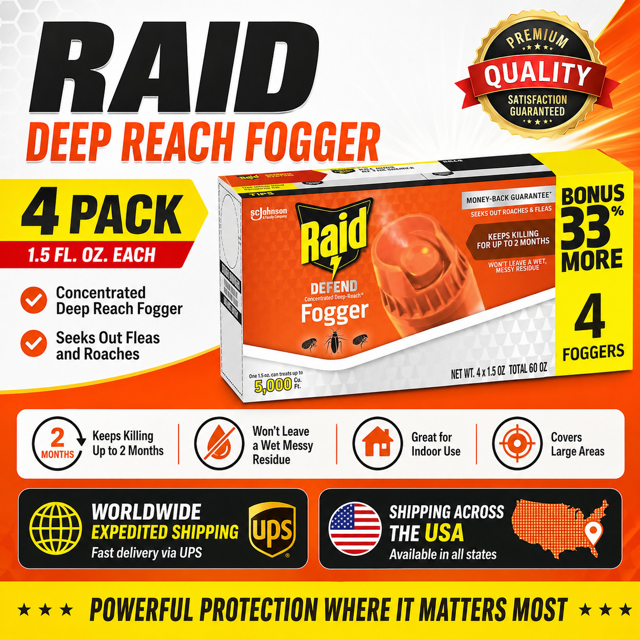 Raid 4 Pack Concentrated Deep Reach Fogger Seeks Out Fleas and Roach 1.5 Fl. Oz Raid 4 Pack Concentrated Deep Reach Fogger Seeks Out Fleas and Roach 1.5 Fl. Oz