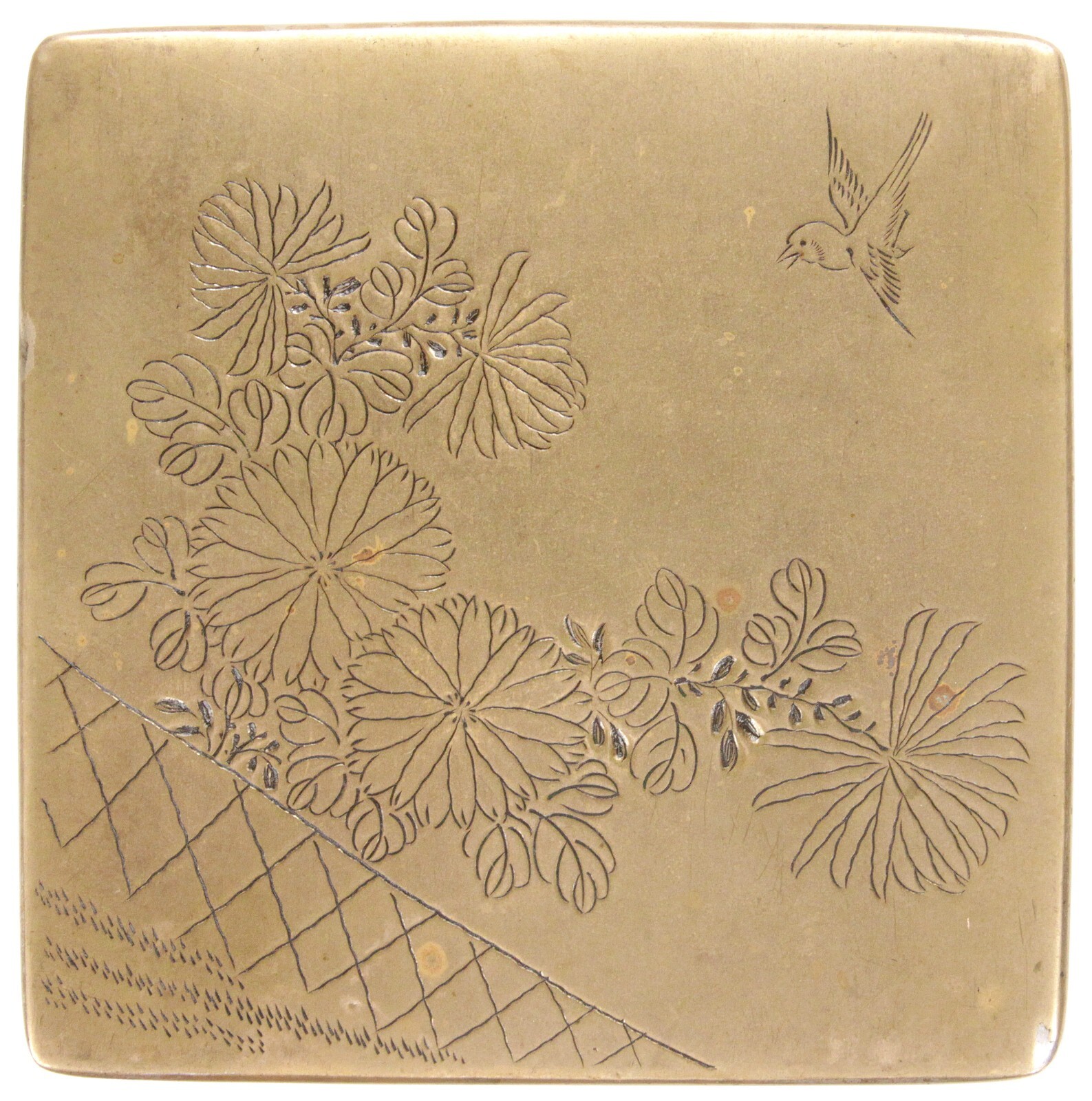 Large Antique Japanese Scholar\'s Brass Ink Box Signed Hand Engraved Details Old