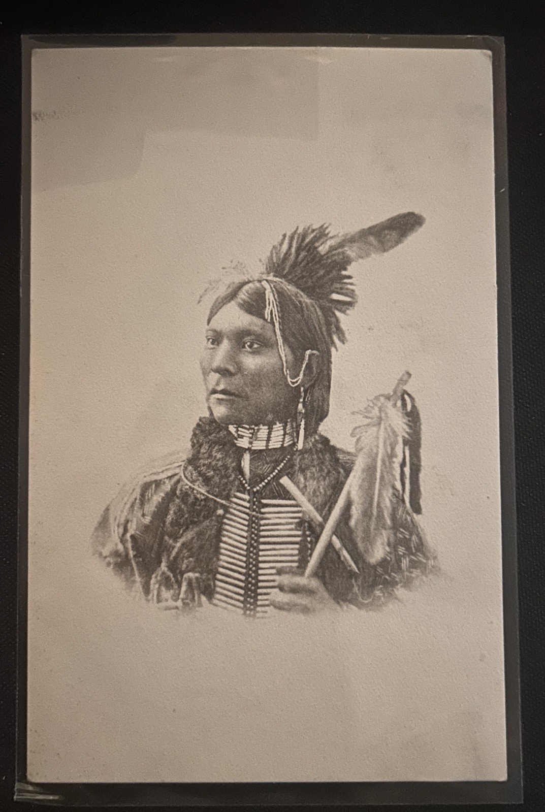 Antique Native American Indian Portrait Feather Headdress RPPC Postcard c1910