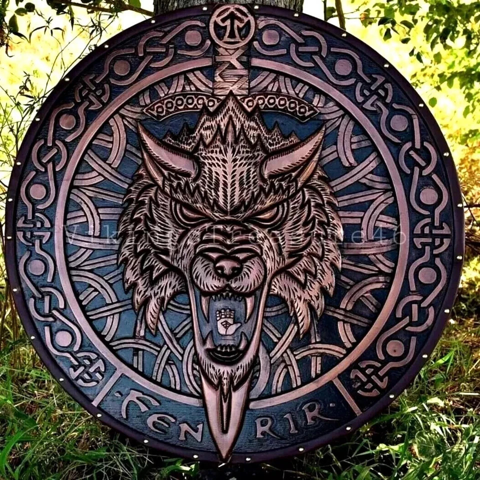 24'' Fenrir Wolf Carved Wooden Viking Shield Battle-Worn Shield Wall Décor 24'' Fenrir Wolf Carved Wooden Viking Shield Battle-Worn Shield Wall Décor