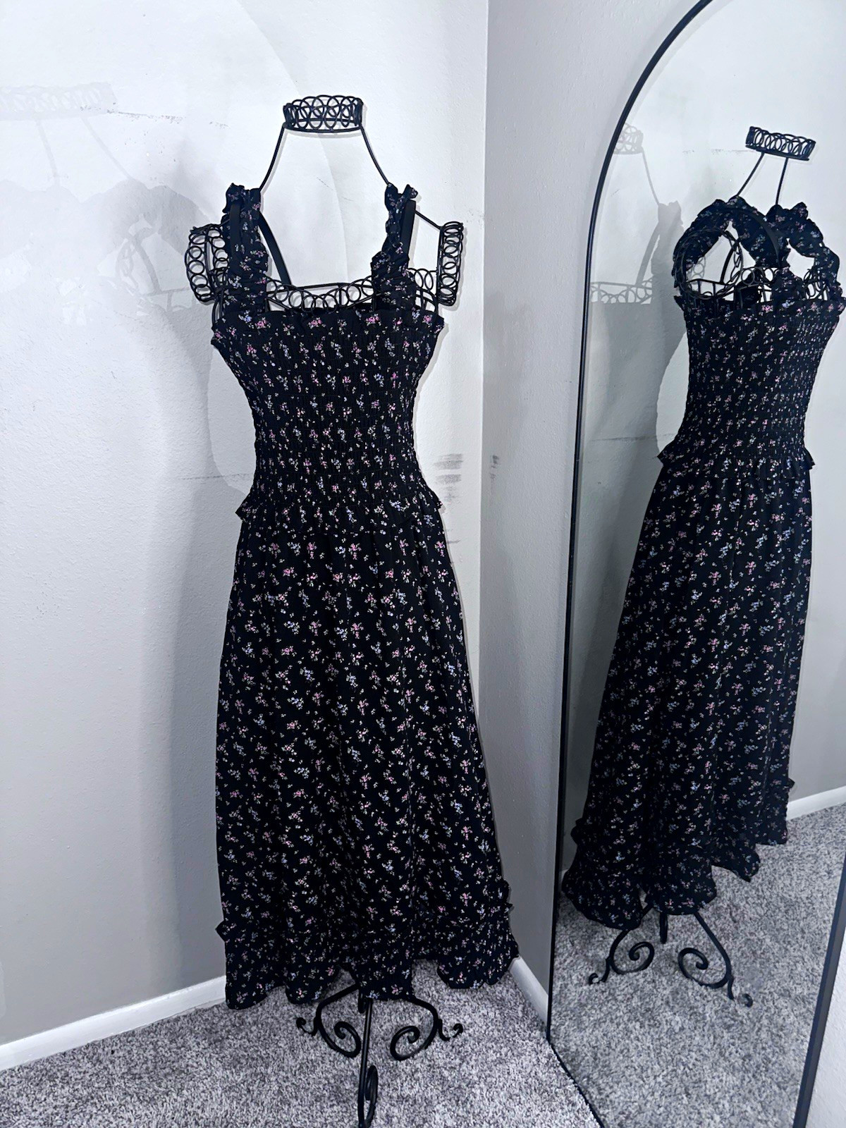 GU Black Floral Smocked Ruffle Strap Square Neck Maxi Dress Sleeveless S