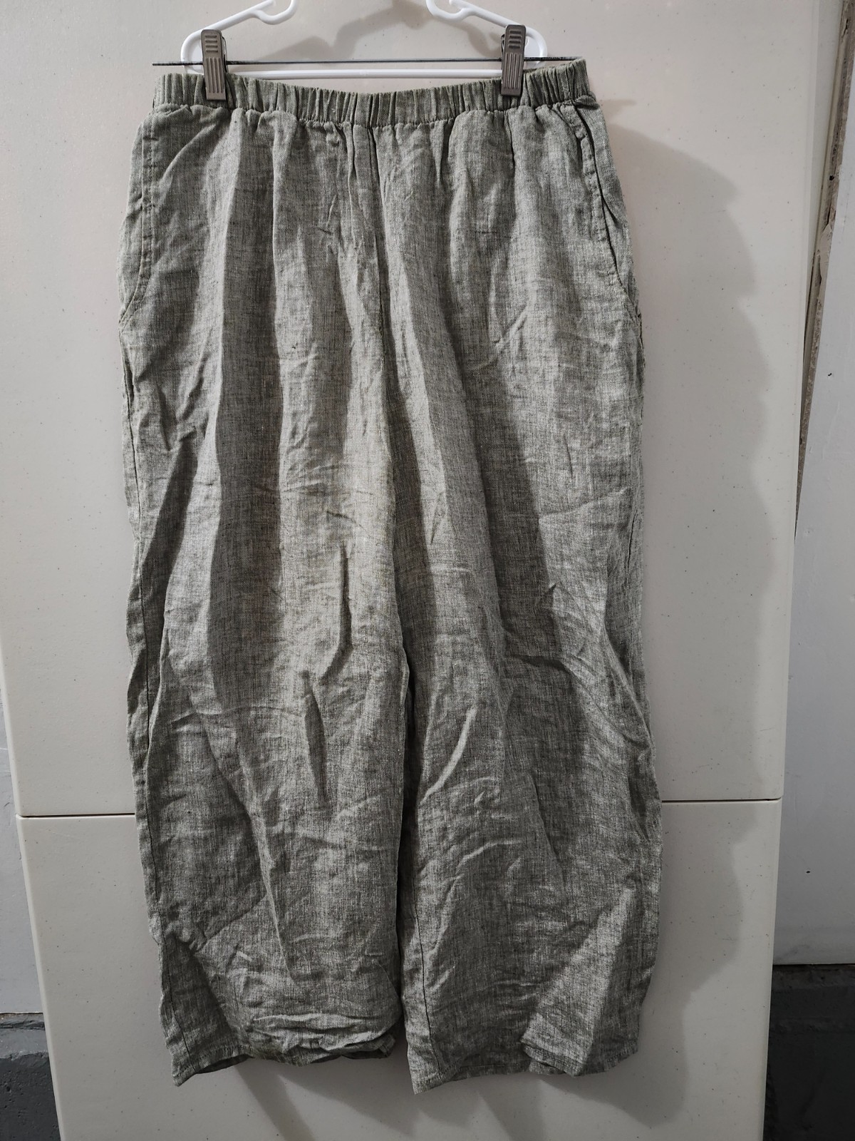 FLAX Pants Womens S Gray Crop Wide Pullon Elastic Waist Linen Relax Loose Beach FLAX Pants Womens S Gray Crop Wide Pullon Elastic Waist Linen Relax Loose Beach