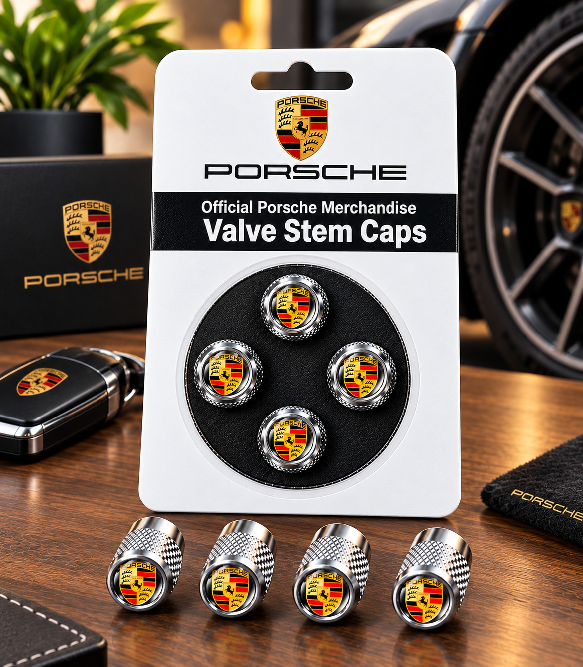 Genuine Porsche Premium OEM Tyre Valve Dust Caps (4x) in Gloss Silver valve caps