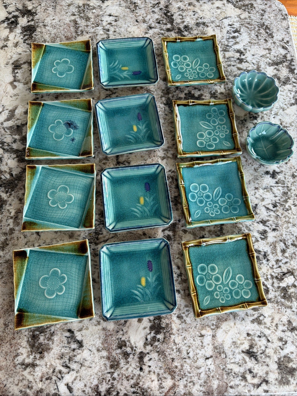 Kotobuki Serving Dishes Set 14 Turquoise Blue Crackle Glaze Japanese Stoneware