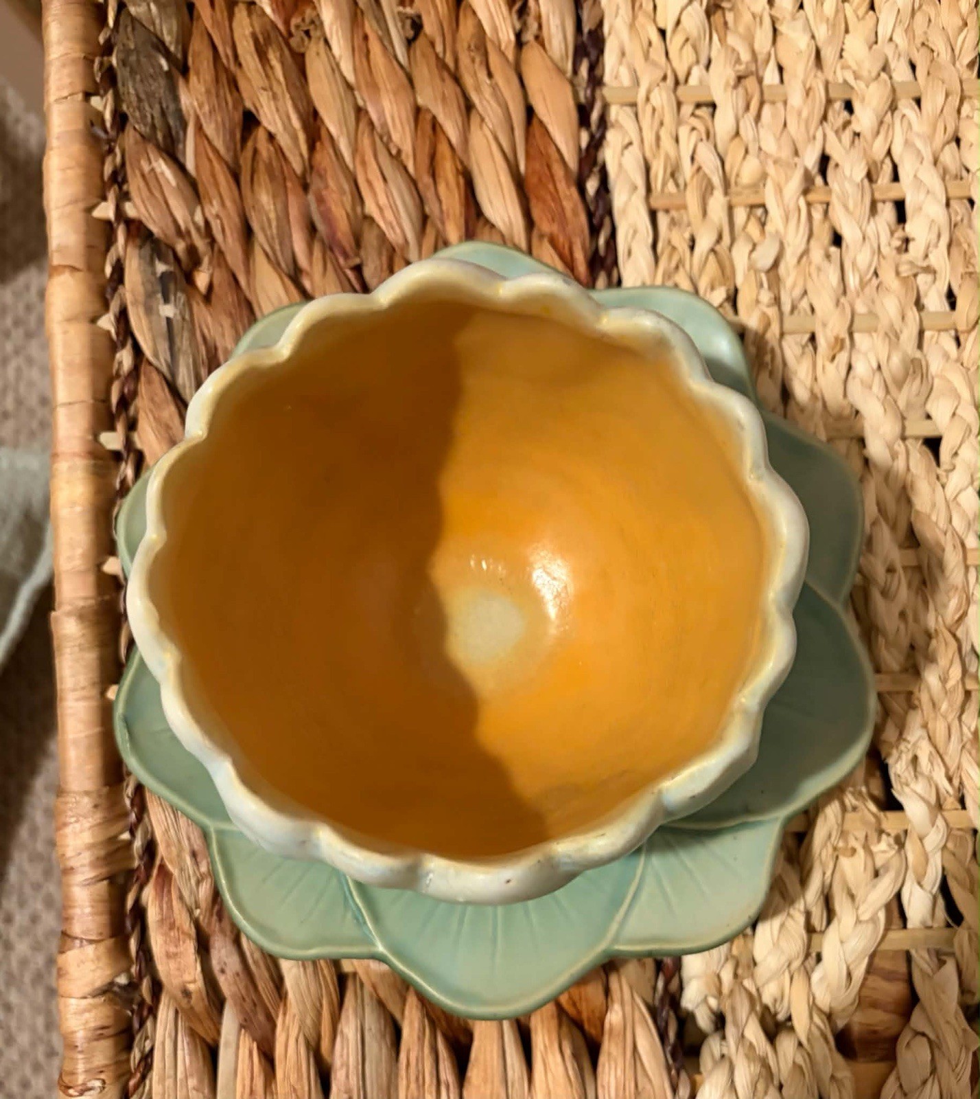 1920s Weller Pottery Woodcraft Lotus Bowl & Lily Pad Saucer 1920s Weller Pottery Woodcraft Lotus Bowl & Lily Pad Saucer