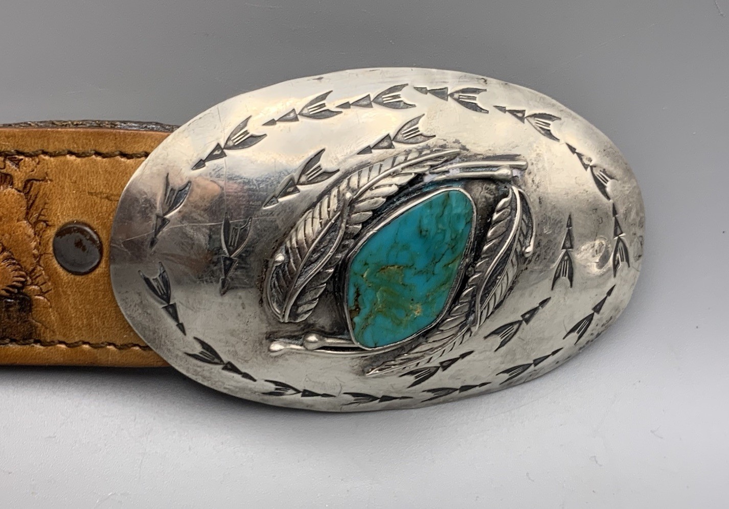 Vintage Navajo Sterling Silver Belt Buckle Feather Turquoise Signed Louis Begay