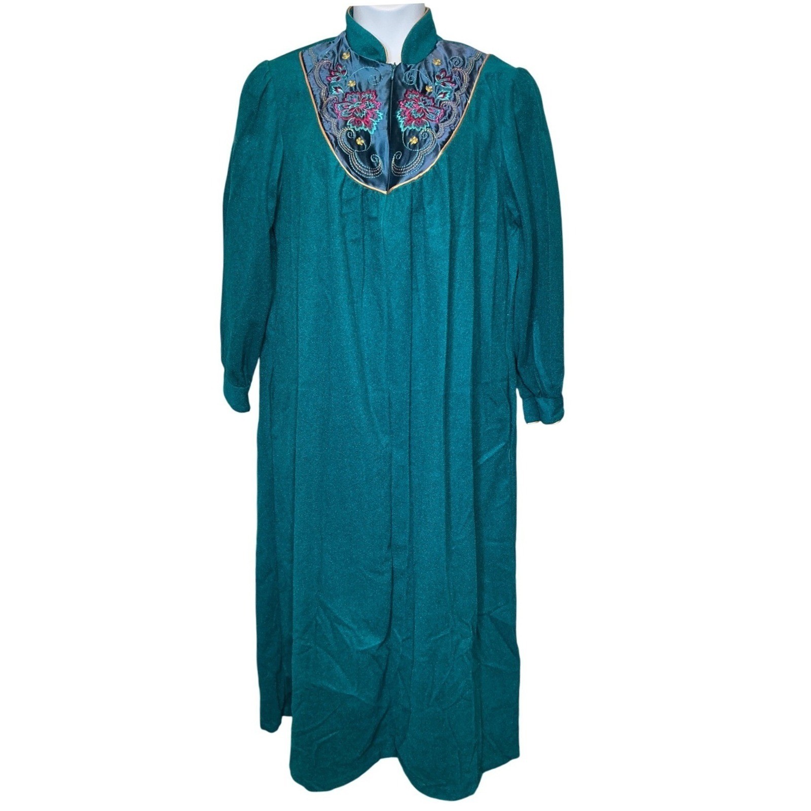 VTG CACHET Womens Teal Embroidered Floral Kaftan Robe Sz L Mumu Golden Girls