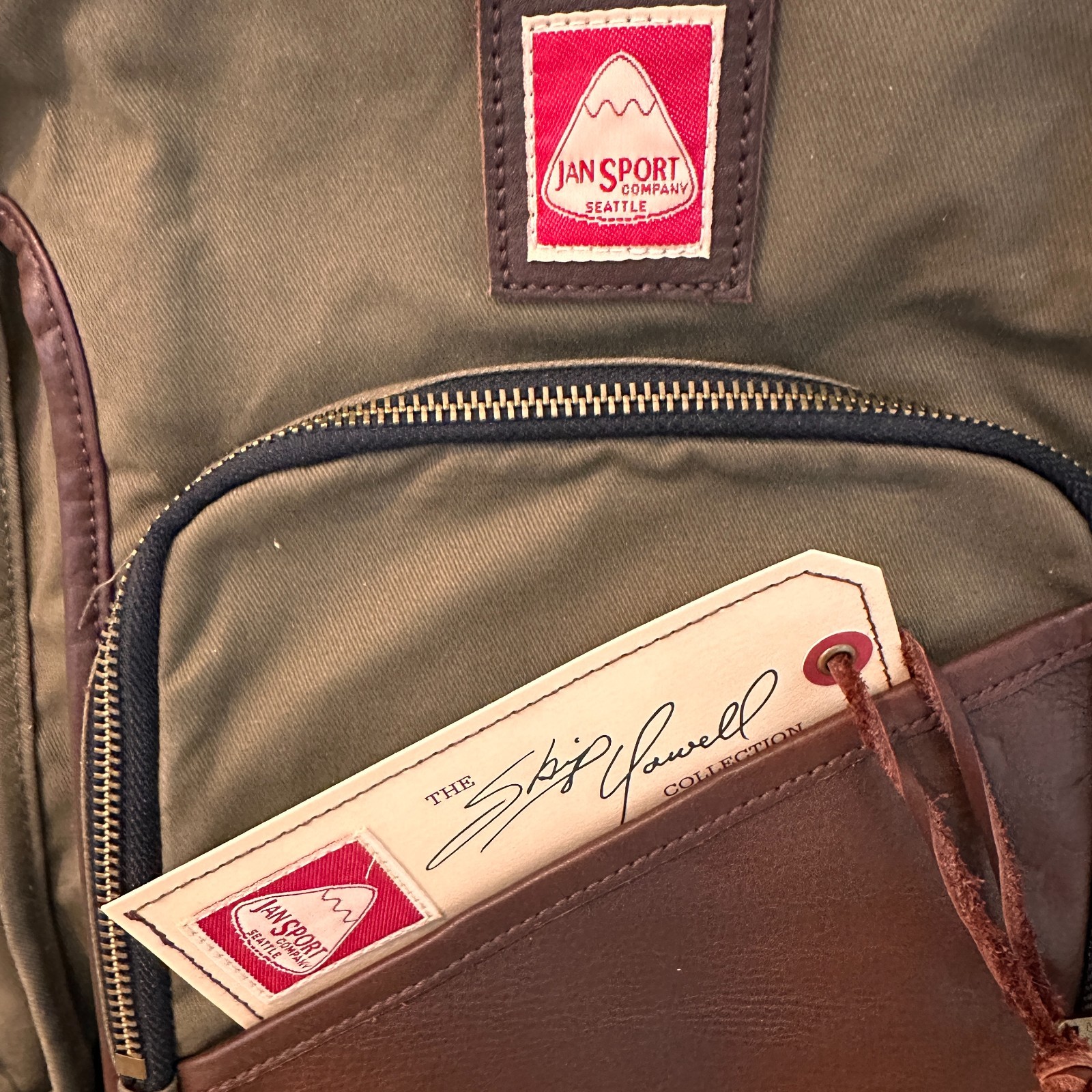 Jansport Skip Yowell Backpack Red Tag Rucksack Brown Leather Green Machine