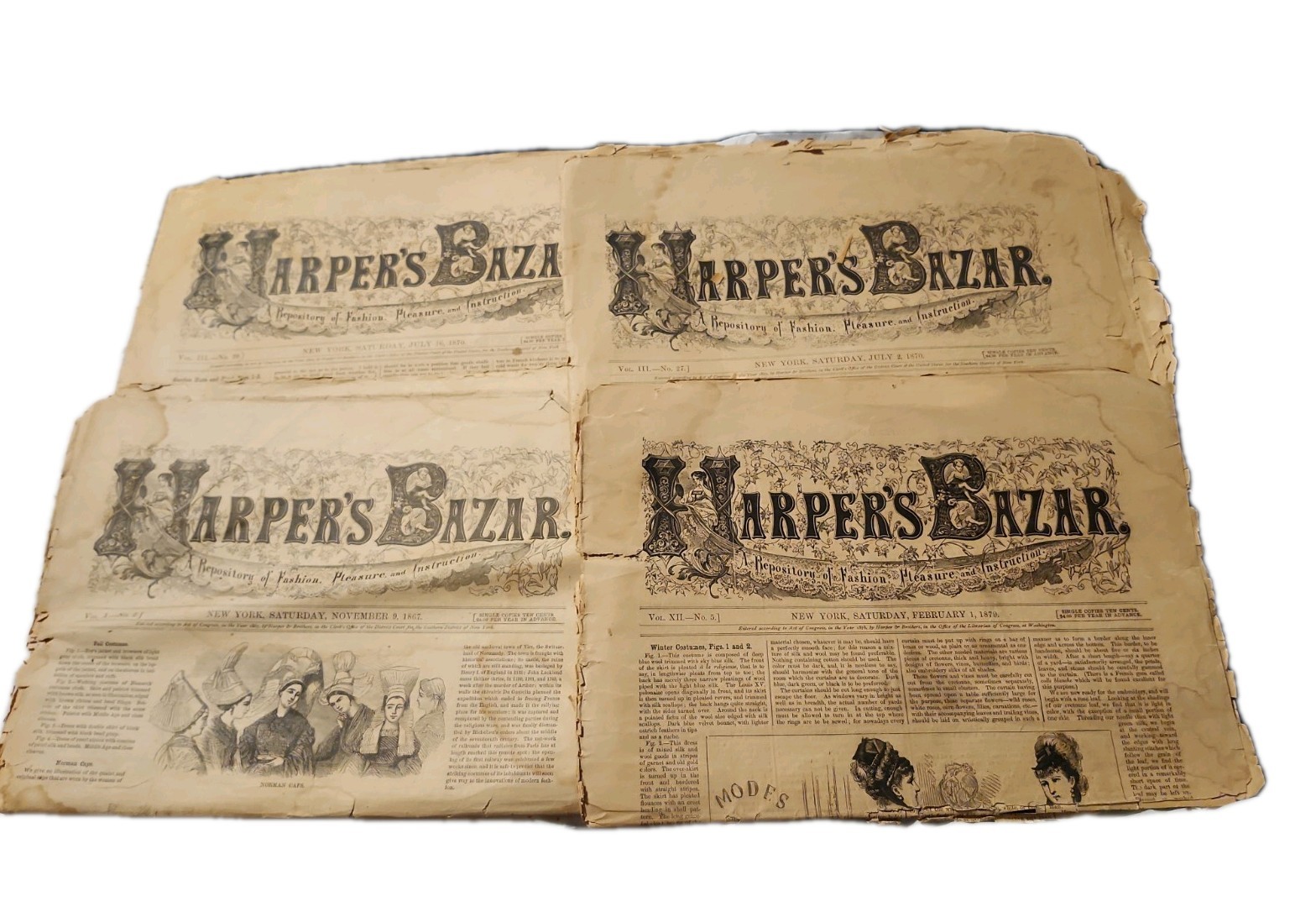 Antique Harper's Bazar Newspaper  Jul 1870, Nov 1867, Feb 1879, July 1870 As Is