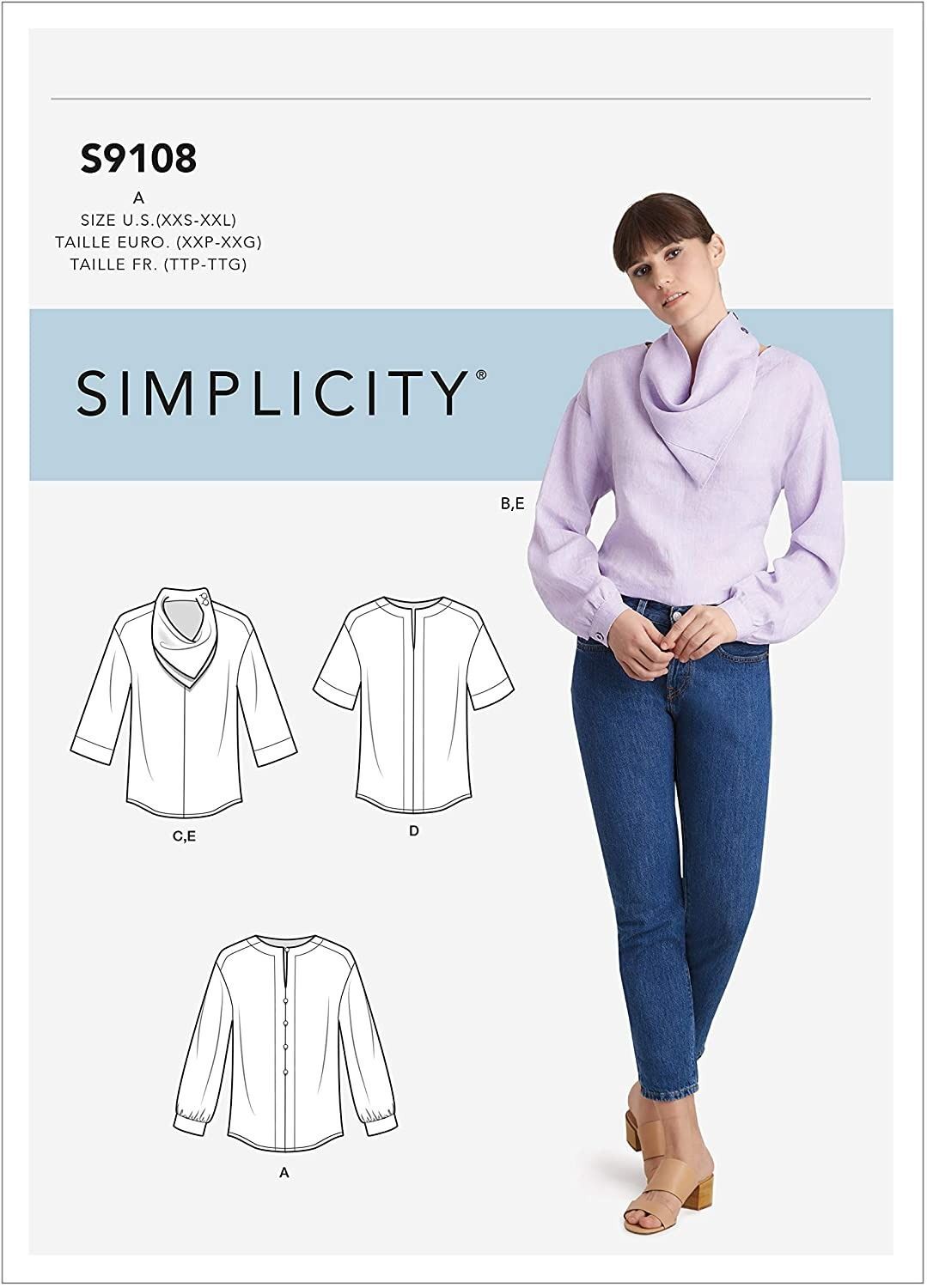 Simplicity Sewing Pattern S9108 R10495 Tops Sleeve Variations Neck Scarf XXS-XXL Simplicity Sewing Pattern S9108 R10495 Tops Sleeve Variations Neck Scarf XXS-XXL