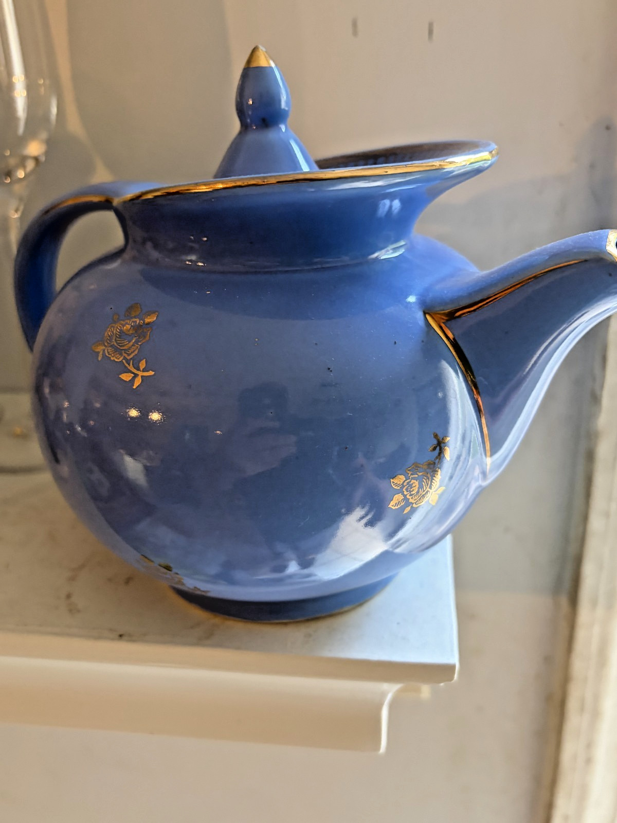 Vintage Hall China Baltimore 6 Cup Teapot Blue Gold Floral Made in USA